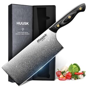 huusk damascus cleaver knife 7 inch, vg10 butcher knife for meat cutting, kitchen knife with wood handle for chopper vegetables hand forged chooping knife, birthday dad mom gift