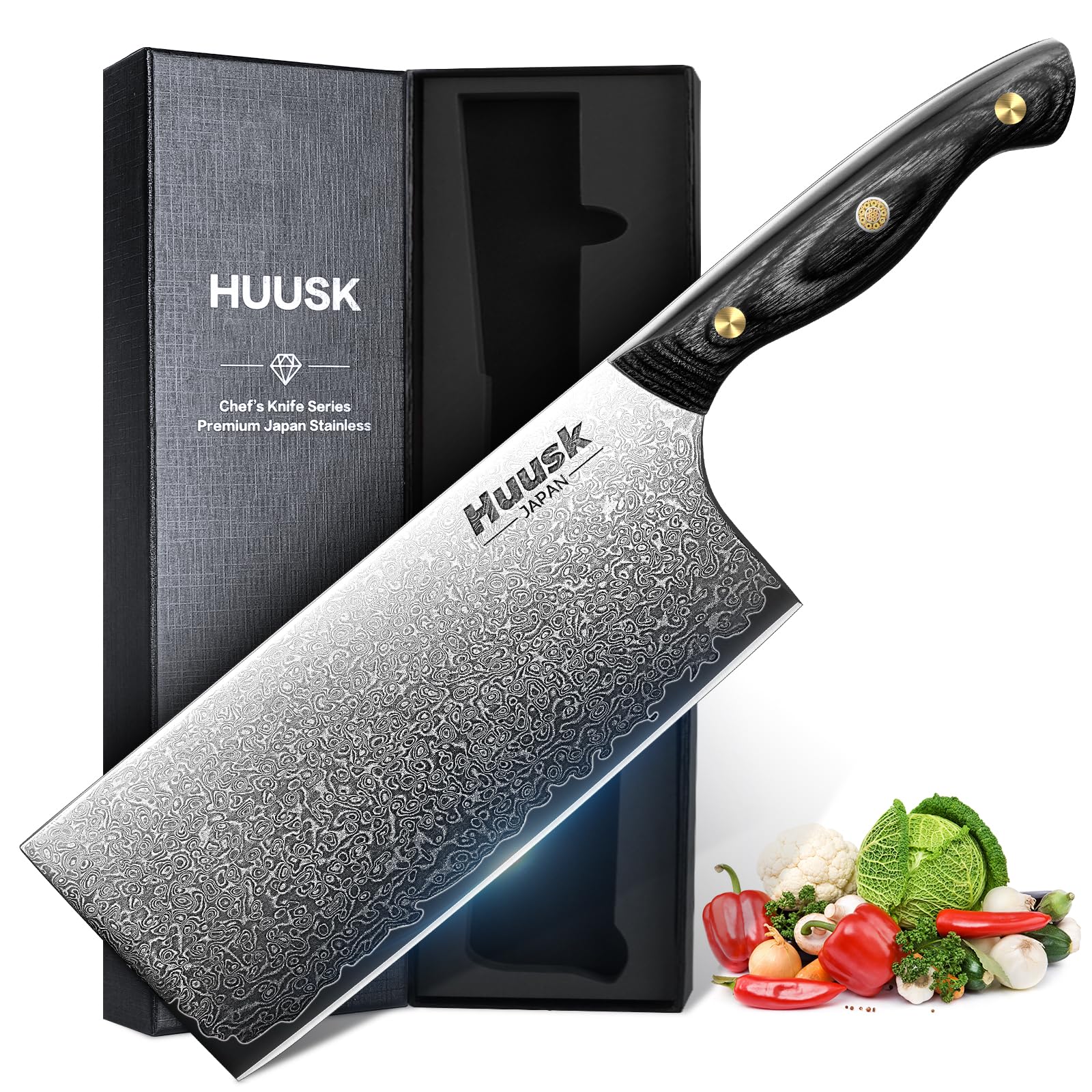 Huusk Damascus Cleaver Knife 7 inch, VG10 Butcher Knife for Meat Cutting, Kitchen Knife with Wood Handle for Chopper Vegetables Hand Forged Chooping Knife, Birthday Dad Mom Gift