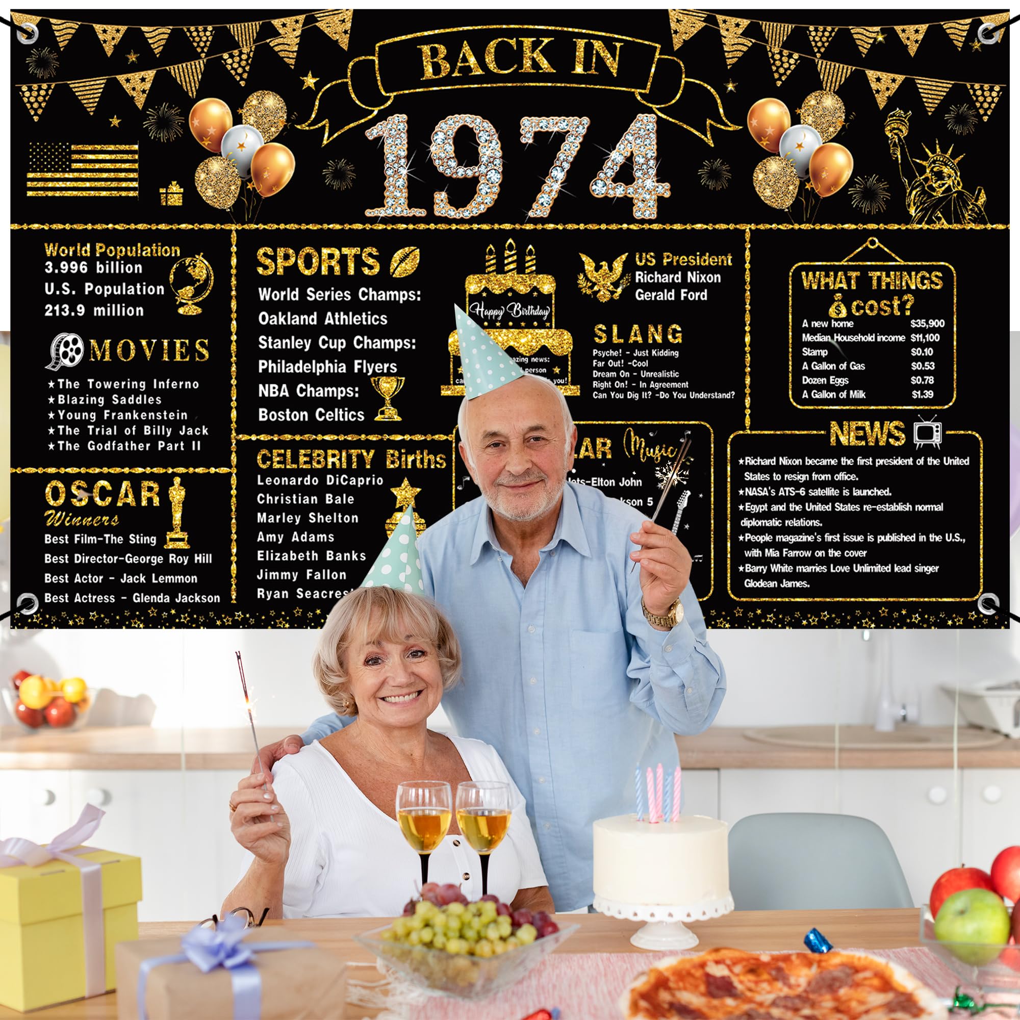 VERAT 50th Birthday Decorations for Men Women, Back in 1974 Birthday Banner, Black Gold 50 Year Old Birthday Party Poster Supplies 1974 Backdrop Photography Background