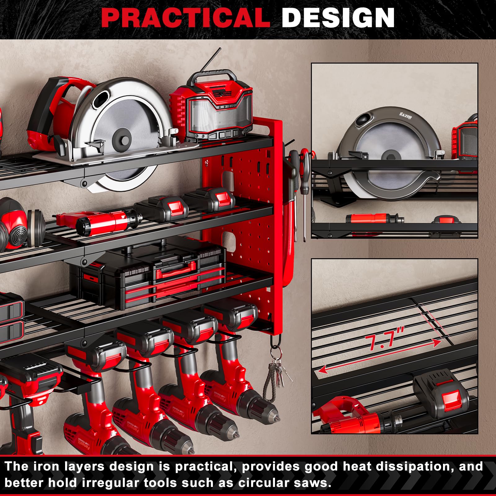 NattyDot Power Tool Organizer Wall Mount,Cordless Drill Organizer,4 Layers Large Capacity Tool Rack with 8 Drill Holders (RED)