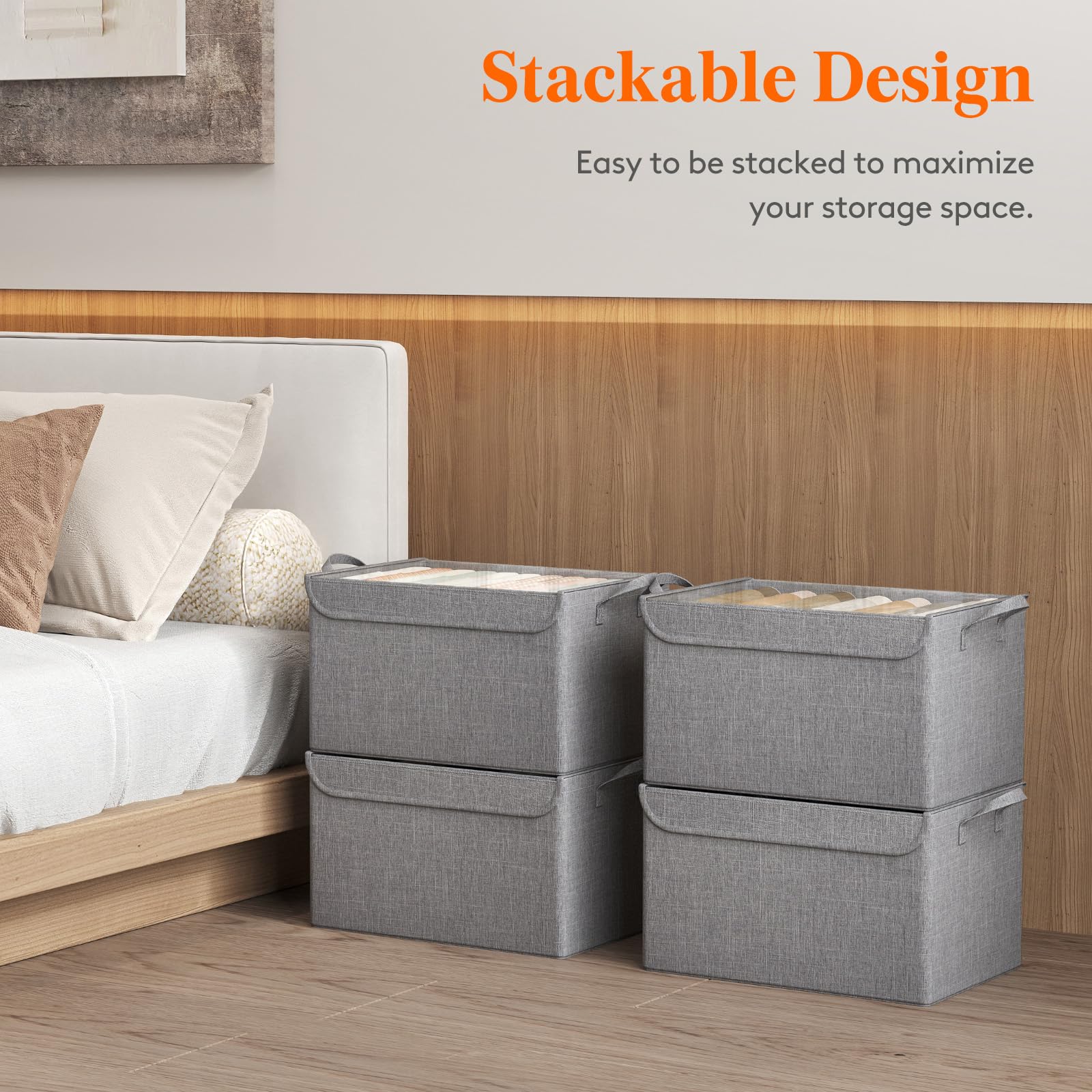 Lifewit Fabric Storage Boxes 6 Pcs, Stackable Storage Bins with Clear Lids, Foldable Oxford Cloth Cube Closet Organizer Baskets, Clothes Containers for Towels, Blankets, Books, Light Grey-Large