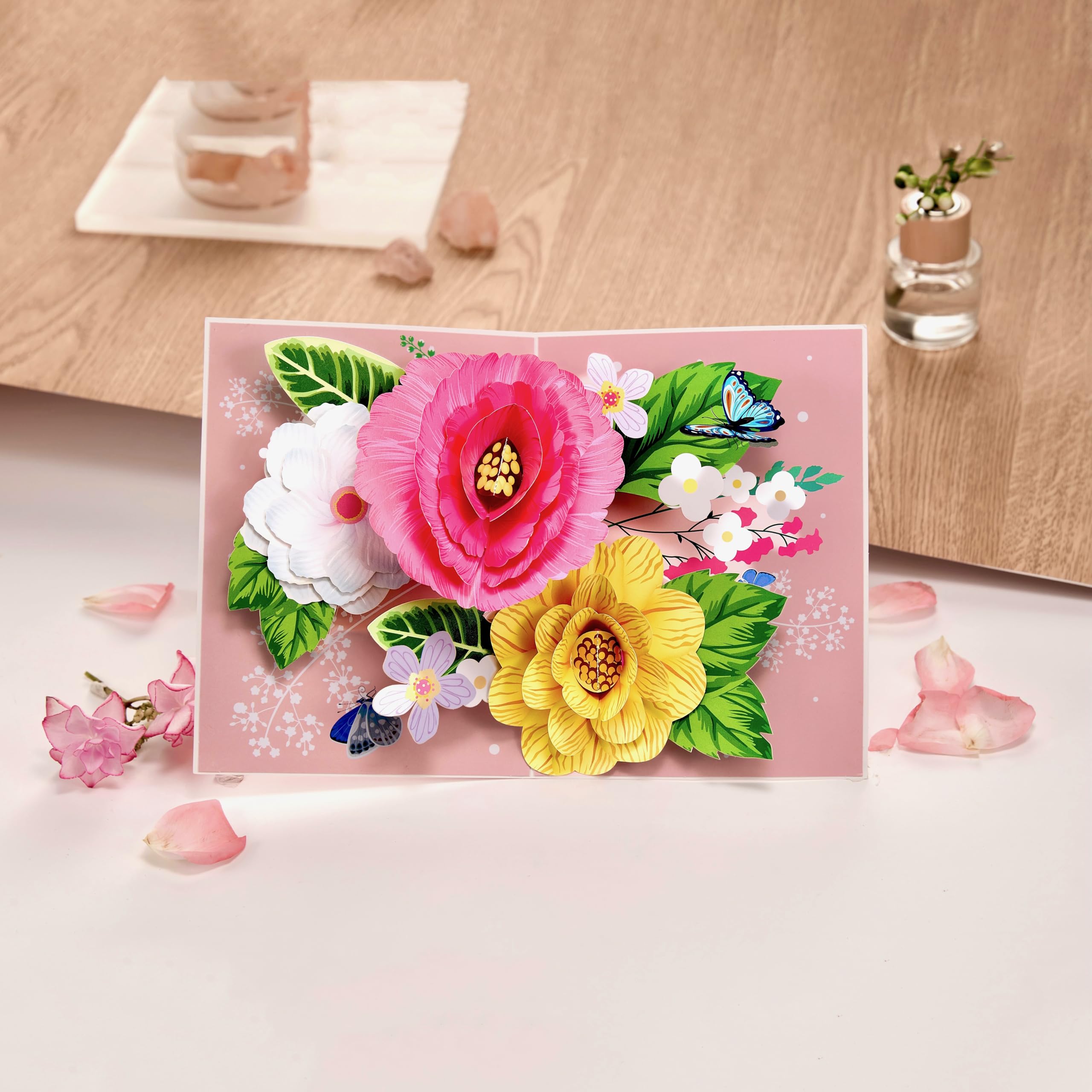 LoveEcho Birthday Card, Elegant Peony& Camellia Pop Up Card, 5x7-3D Greeting Care with Note Card & Envelope for Birthday, Anniversary, Thank You, Thanksgiving, Christmas, Get Well, Thinking of You, Congrats, or Any Occasionfor Her, Women, Wife, Mom, Grand