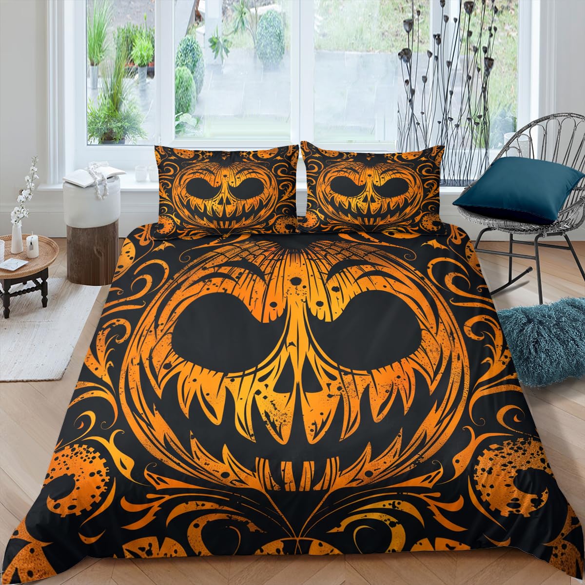 CCoutueChen Demon Pumpkin Face Duvet Cover Set Queen Size Halloween Duvet Cover Black Orange Bedding Set Horror Themed Comforter Cover for Girls 3Pcs Bed Set with Zipper Closure