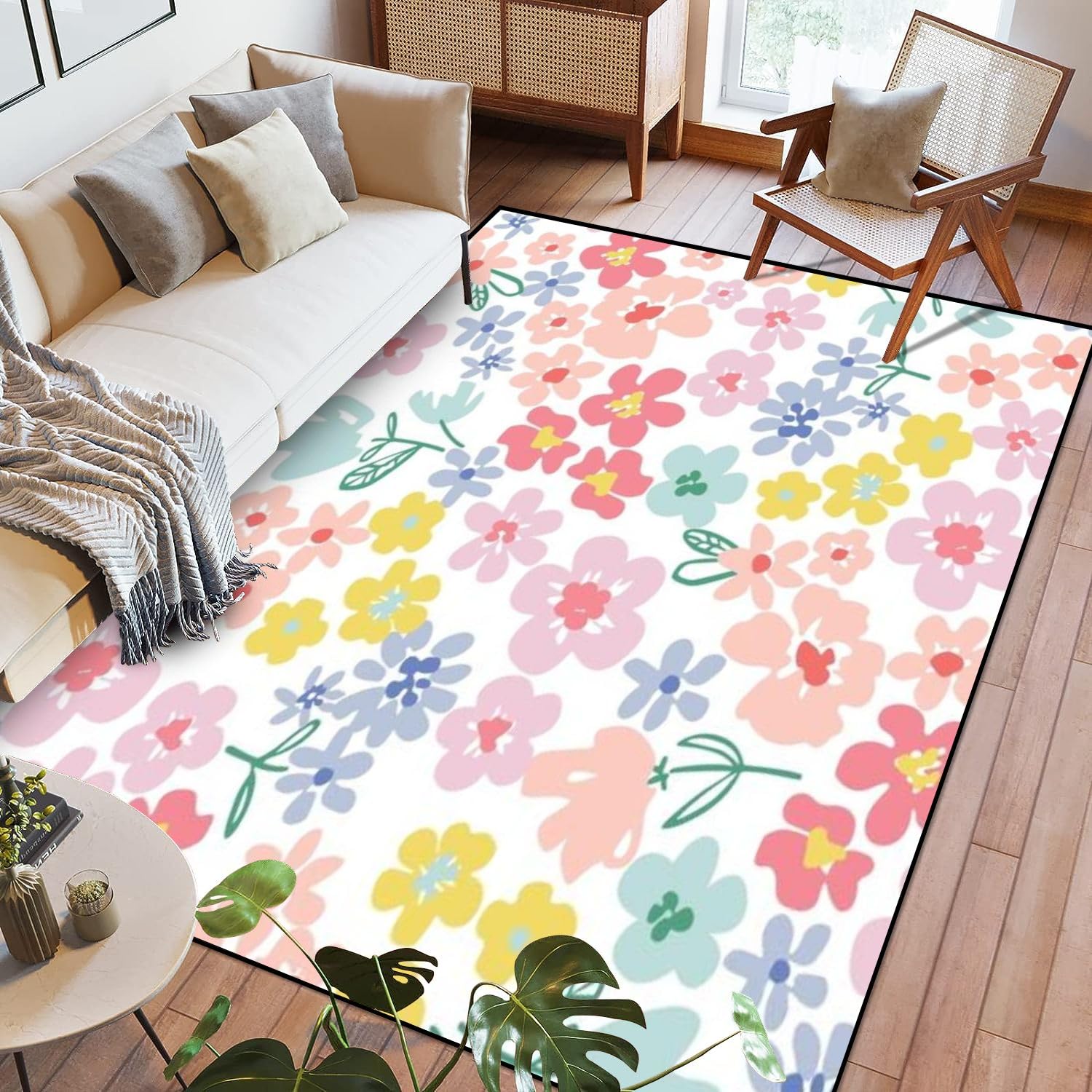 Area Rug Pattern Floral Flower Seamless Print Baby Daisy Repeat Pink Trendy Washable 6x9 feet Large Rugs for Bedroom Kitchen Living Room Non Slip Outdoor Carpets Soft Mats for Home Playroom Decor