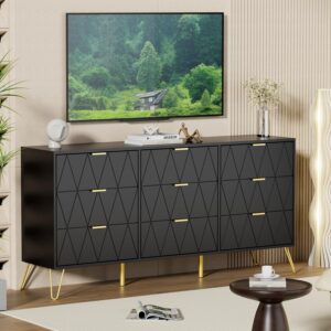 UEV Black Dresser for Bedroom,Modern 9 Drawer Triple Dresser with Gold Accents,Long Storage Dresser for TV Stand & Closet,Large Chest of Drawers for Living Room,Hallway,Entryway