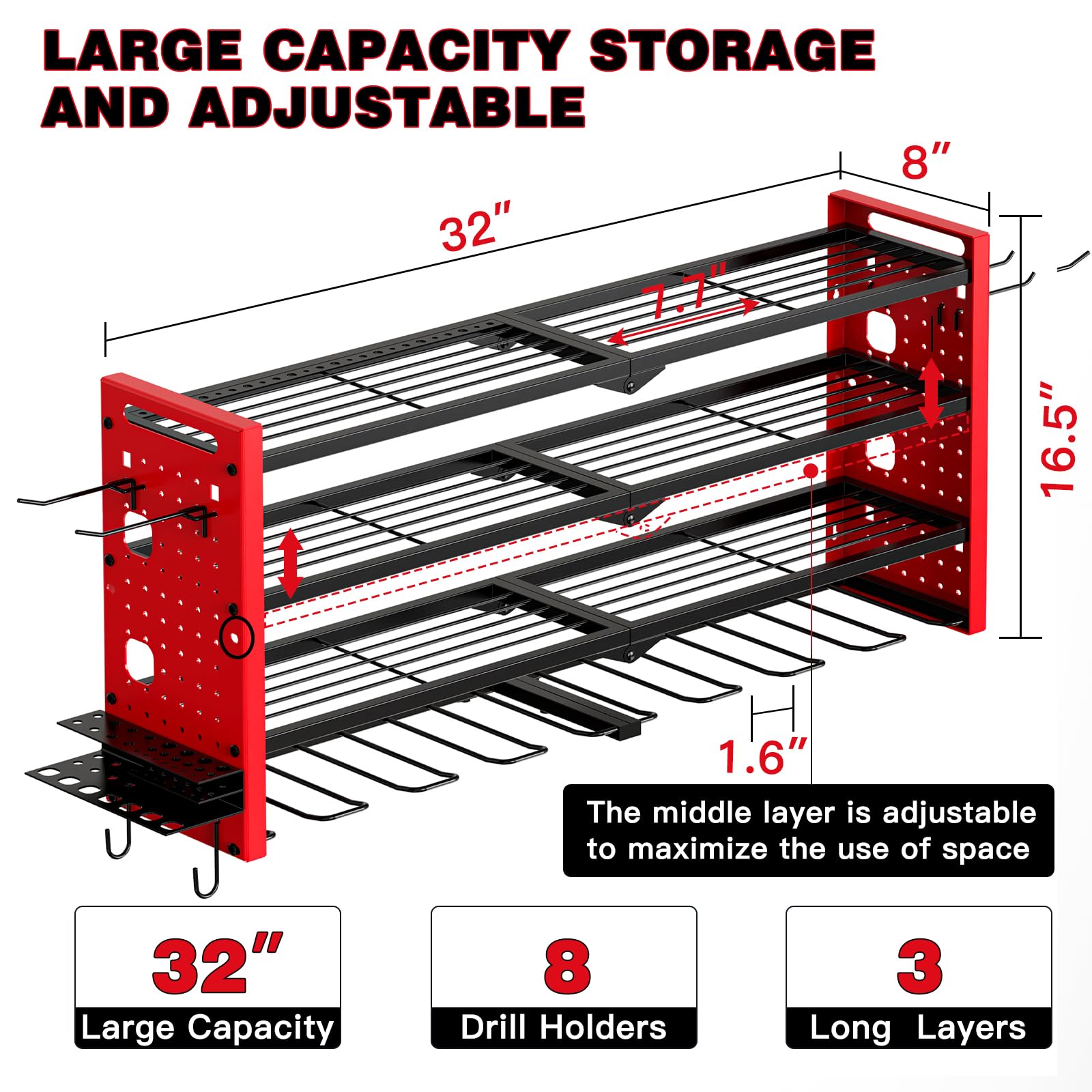 NattyDot Power Tool Organizer Wall Mount,Cordless Drill Organizer,4 Layers Large Capacity Tool Rack with 8 Drill Holders (RED)