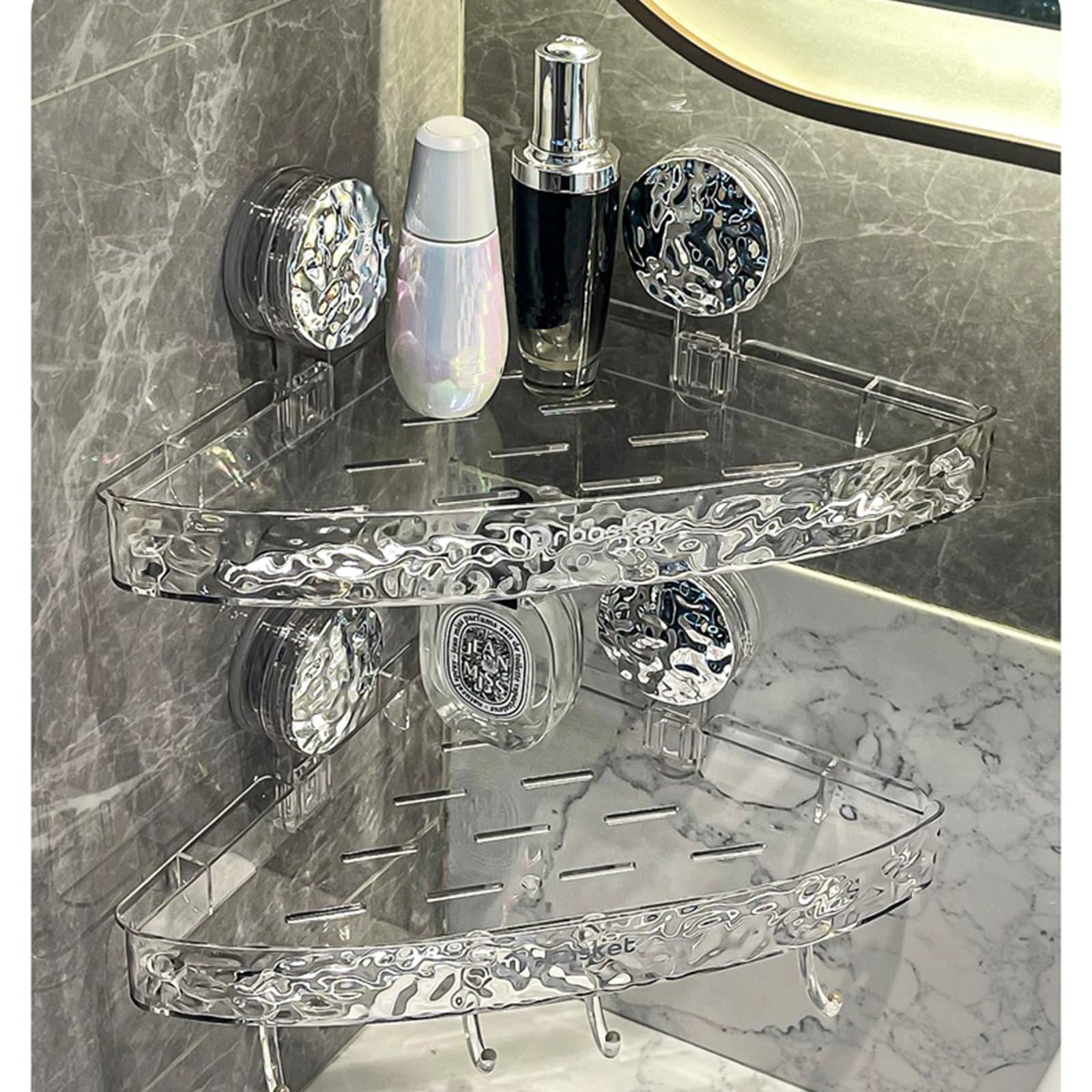 Quincry Light Luxury Style Glacier Pattern Suction Cup Shelf with Hook, Punch-Free Shower Storage Rack for Bathroom, No Drill Corner Wall Caddy for Kitchen (Clear(Triangle + Rectangle))