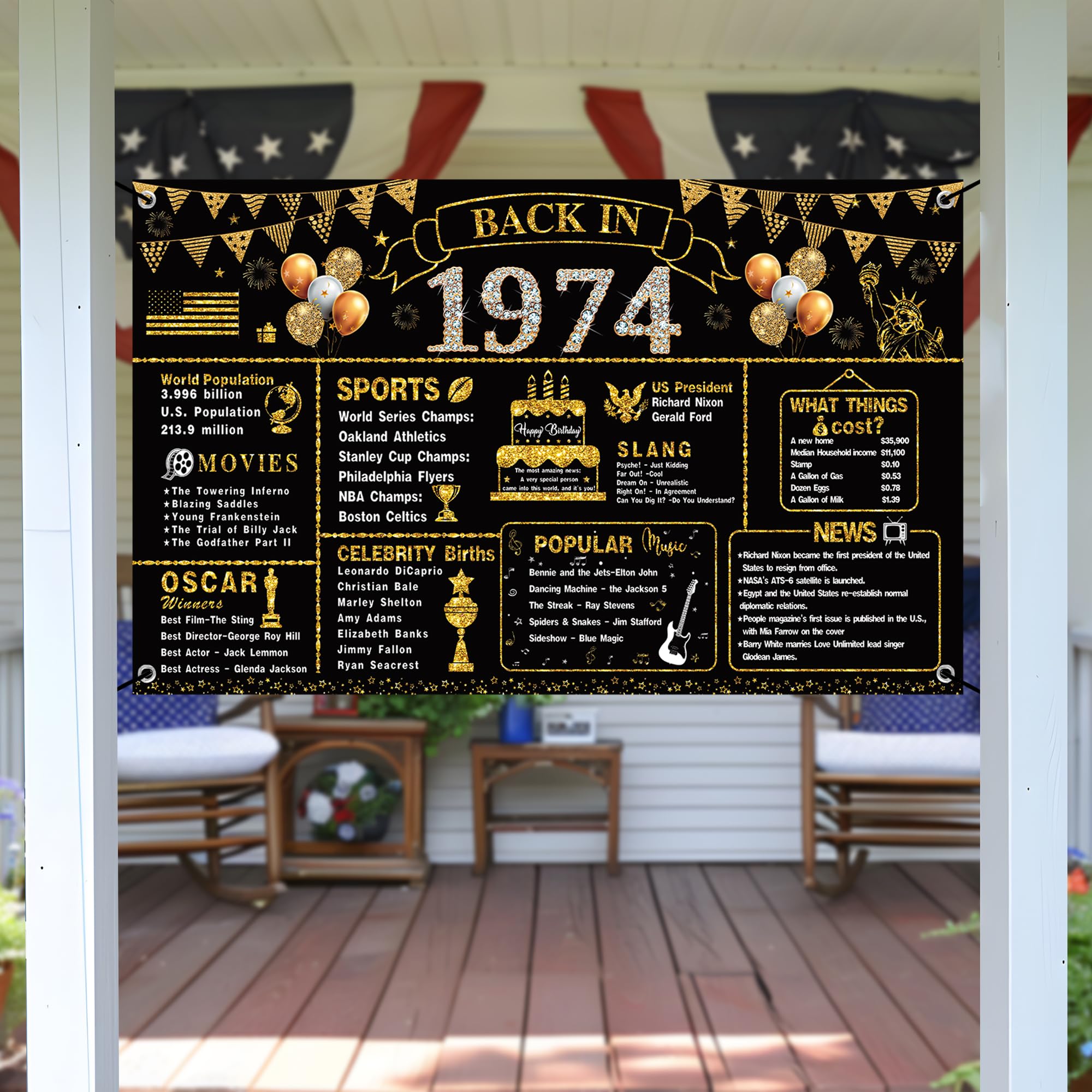 VERAT 50th Birthday Decorations for Men Women, Back in 1974 Birthday Banner, Black Gold 50 Year Old Birthday Party Poster Supplies 1974 Backdrop Photography Background