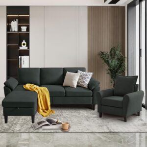 chireca sectional sofa set of 79.5" convertible sofa & accent chair, small l shaped 3 seat couch with reversible ottoman, modern linen sofa couch for living room, office, apartment, black