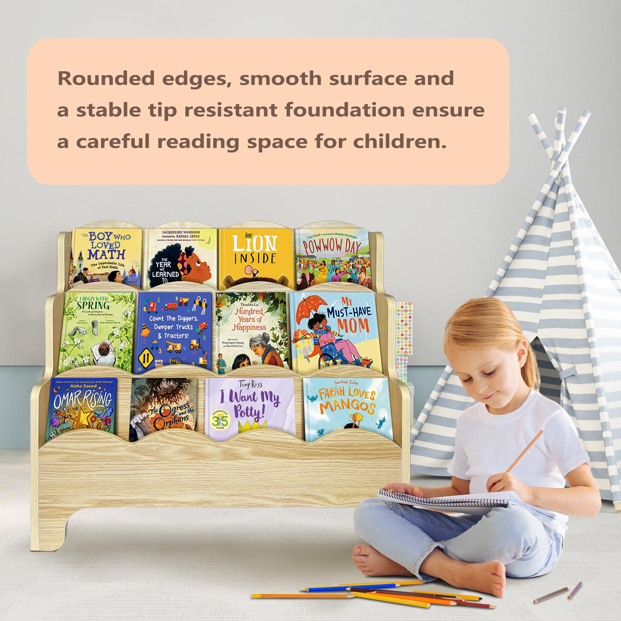 Royxen Montessori Bookshelf Scalloped Edges, Bookshelf for Kids 3-Tier, Kids Book Shelf for Kids Room, 29" W x 28" H (Burlywood, 29" W x 28" H)