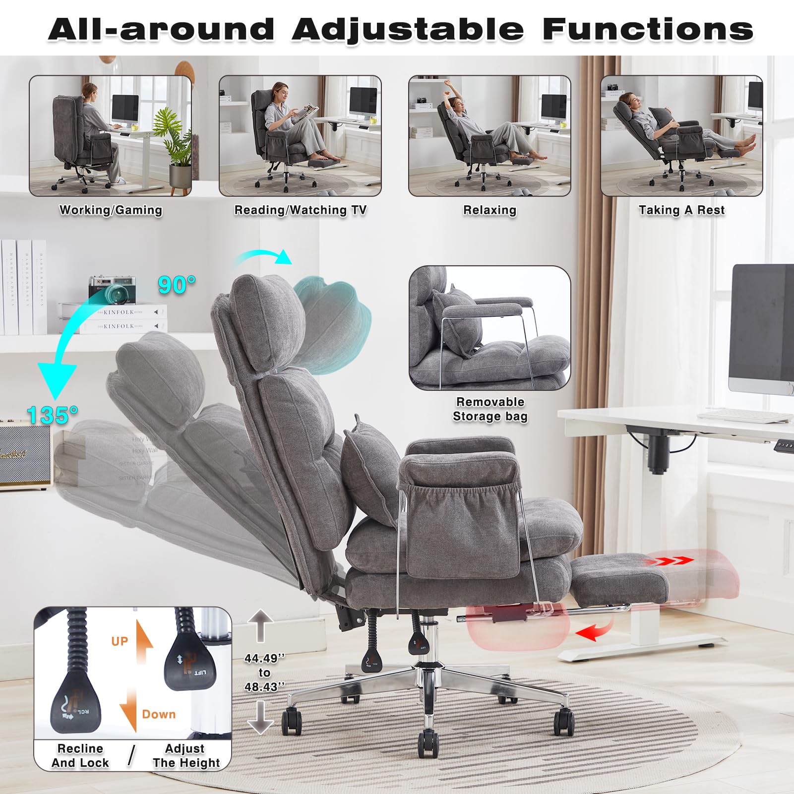 TUKAKA Big and Tall Fabric Computer Chair,Full Stainless Steel Comfy Ergonomic Home Office Chair with Foot Rest, Cute Chenille High Back Reclining Chair with Springs Cushion,Lumbar Support(Koala Gray)