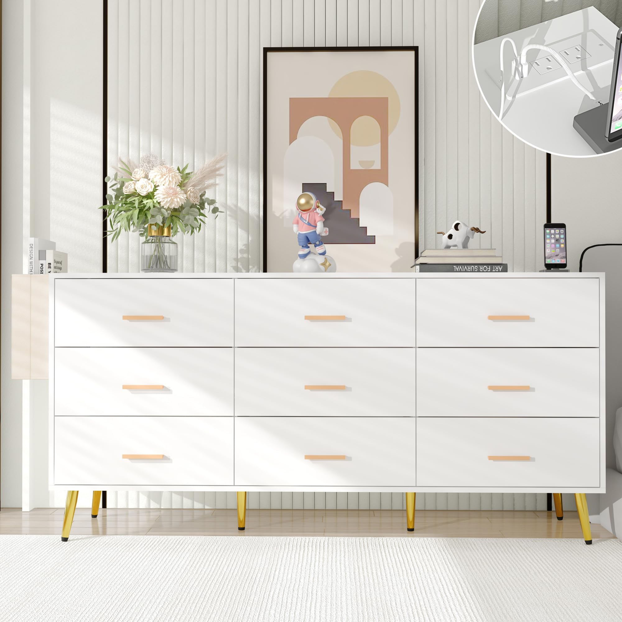 jiteentarou 9 Drawer Dresser for Bedroom, 63” Long Dresser with Charging Station, Modern Chest of Wide Drawers with Gold Handles & Storage Pocket, Wood Dresser for Kids Bedroom, Hallway, White