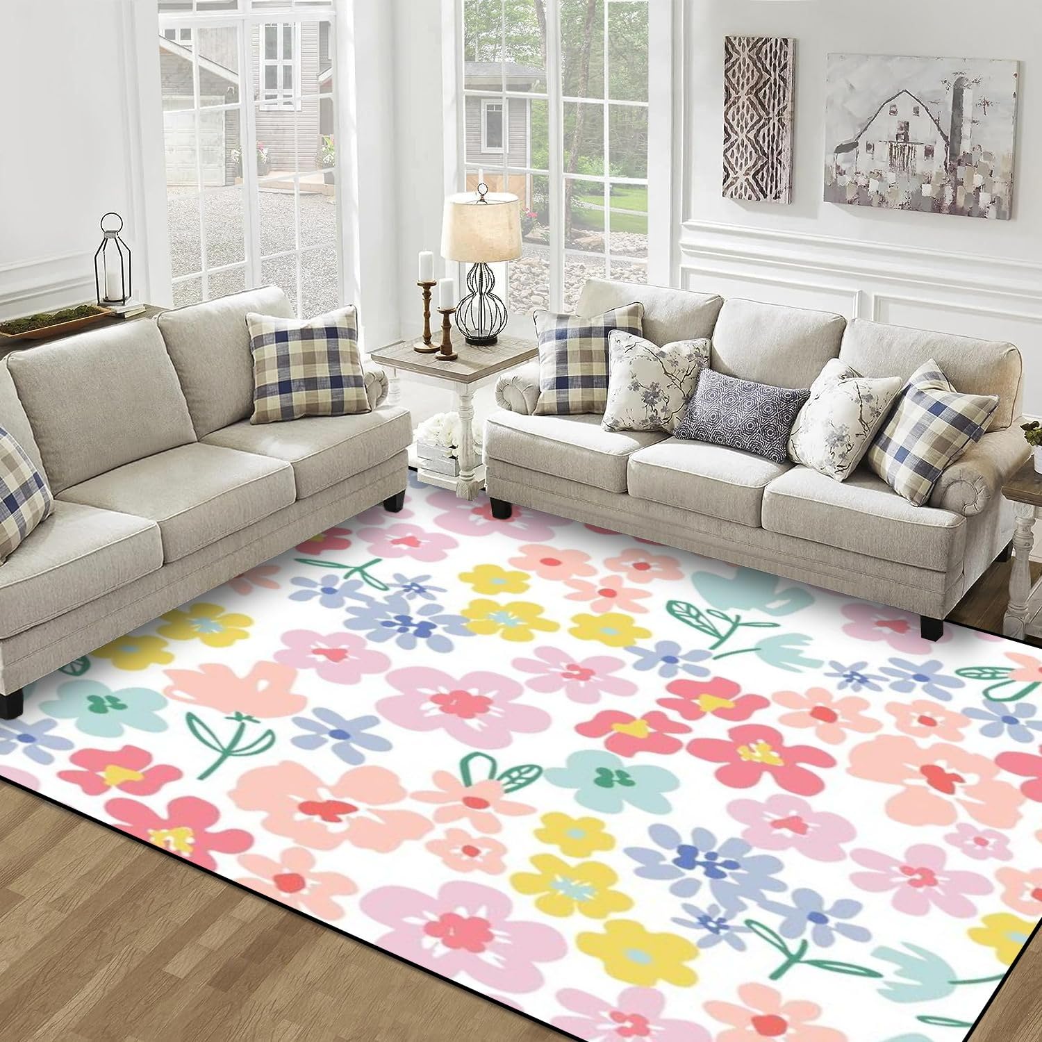 Area Rug Pattern Floral Flower Seamless Print Baby Daisy Repeat Pink Trendy Washable 6x9 feet Large Rugs for Bedroom Kitchen Living Room Non Slip Outdoor Carpets Soft Mats for Home Playroom Decor