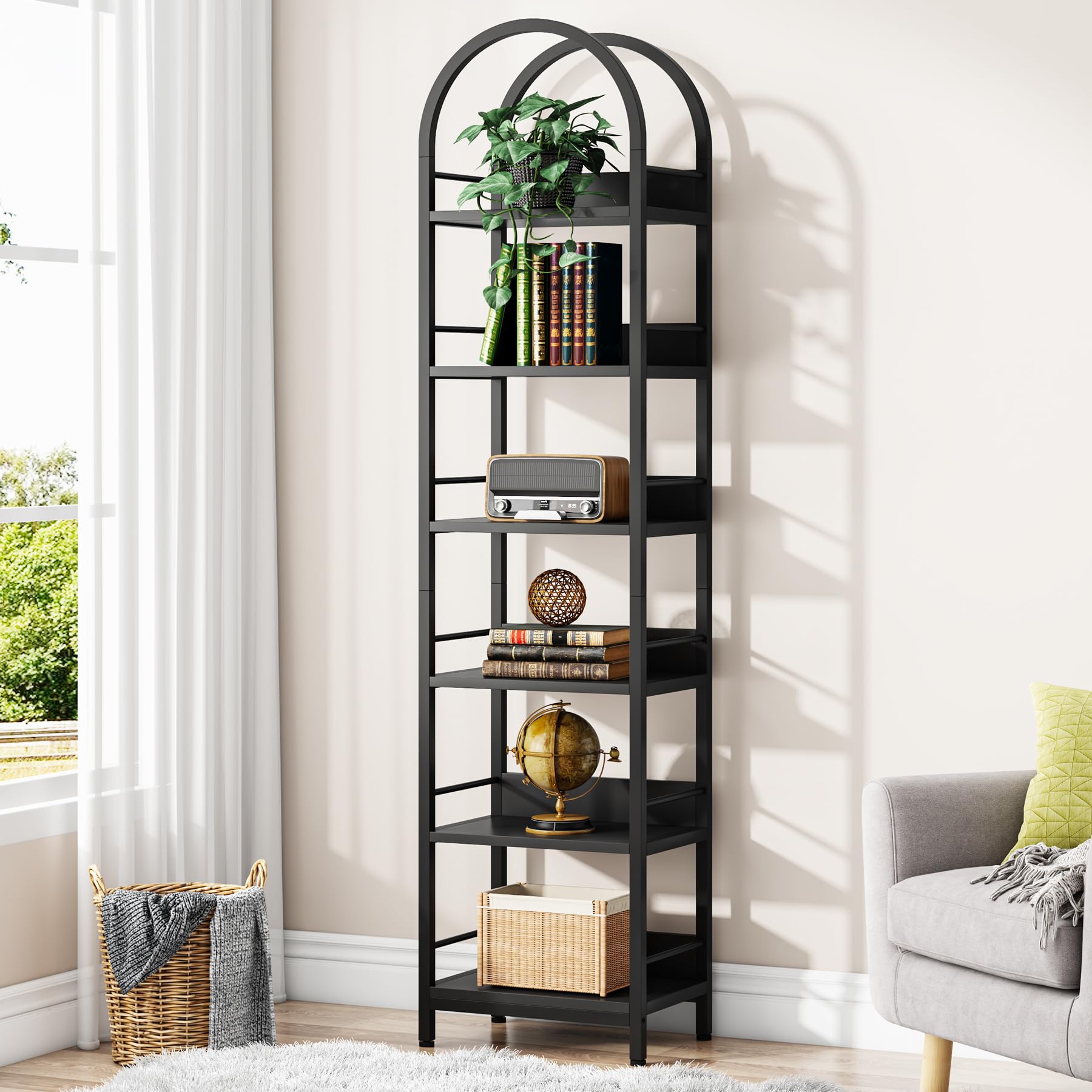 Tribesigns 78.7" Tall Bookshelf, Industrial Wood 6-Tier Bookcase, Arched Narrow Bookshelf, Ladder Shelf Storage Organizer, Display Shelf with Metal Frame for Bedroom, Living Room, Black