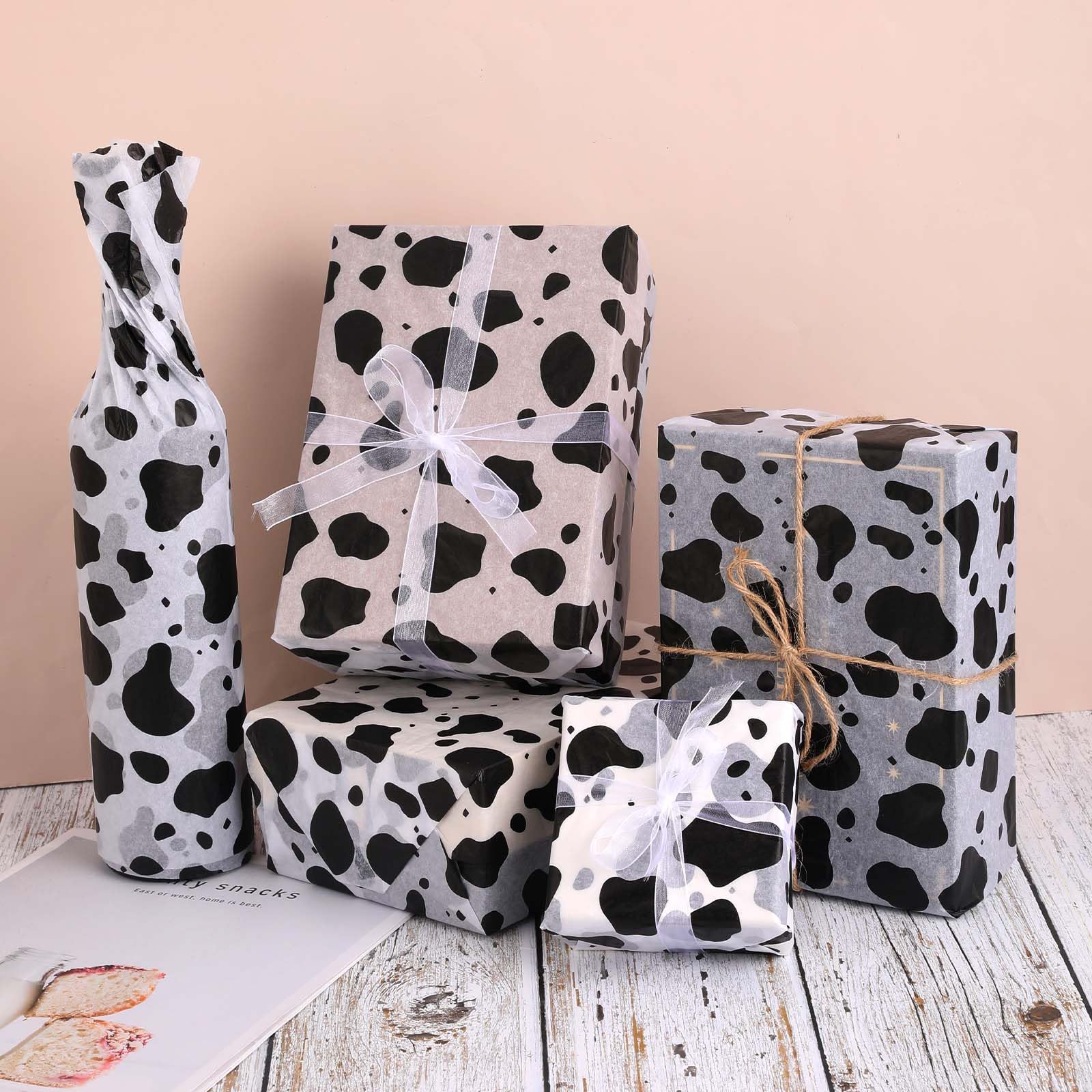 50 Sheets Cow Print Tissue Paper, 14 x 20 inch Gift Wrapping Paper, Cow Print Wrapping Paper for Gift Bags, Black and White Spots Print Tissue Paper for Cow Party Gift Packing DIY Decoration