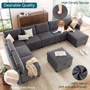 IDEALHOUSE Sectional Sofa with Storage Seat, 9 Seat U Shaped Couches for Living Room - Ice-Velvet Fabric Modular Sectional Couch Soft Sponges & High Supportive Sofa Couch with 2 Ottomans