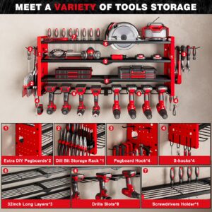 NattyDot Power Tool Organizer Wall Mount,Cordless Drill Organizer,4 Layers Large Capacity Tool Rack with 8 Drill Holders (RED)