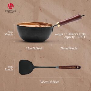 WANGYUANJI Handmade Cast Iron Wok,Non-Coated Stir Fry Pan,8.6-Inch Iron Pot with Lid and Spatula,Suitable for Home Cooking, Compatible with Induction, Gas, and Electric Ceramic Cooktops