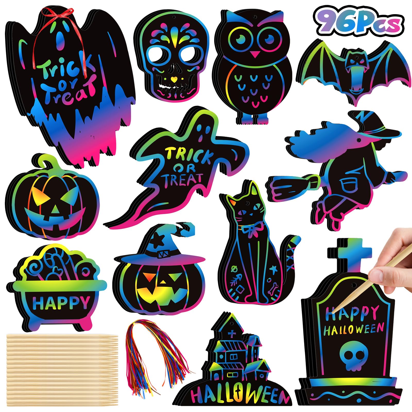 YEGEER 96PCS Halloween Craft Kit for Kids, Magic Scratch Off Paper Hanging Halloween Ornaments Set with 48pcs Wooden Stylus 96pcs Cords for Halloween Games, Halloween Party Favors, Art Craft Supplies