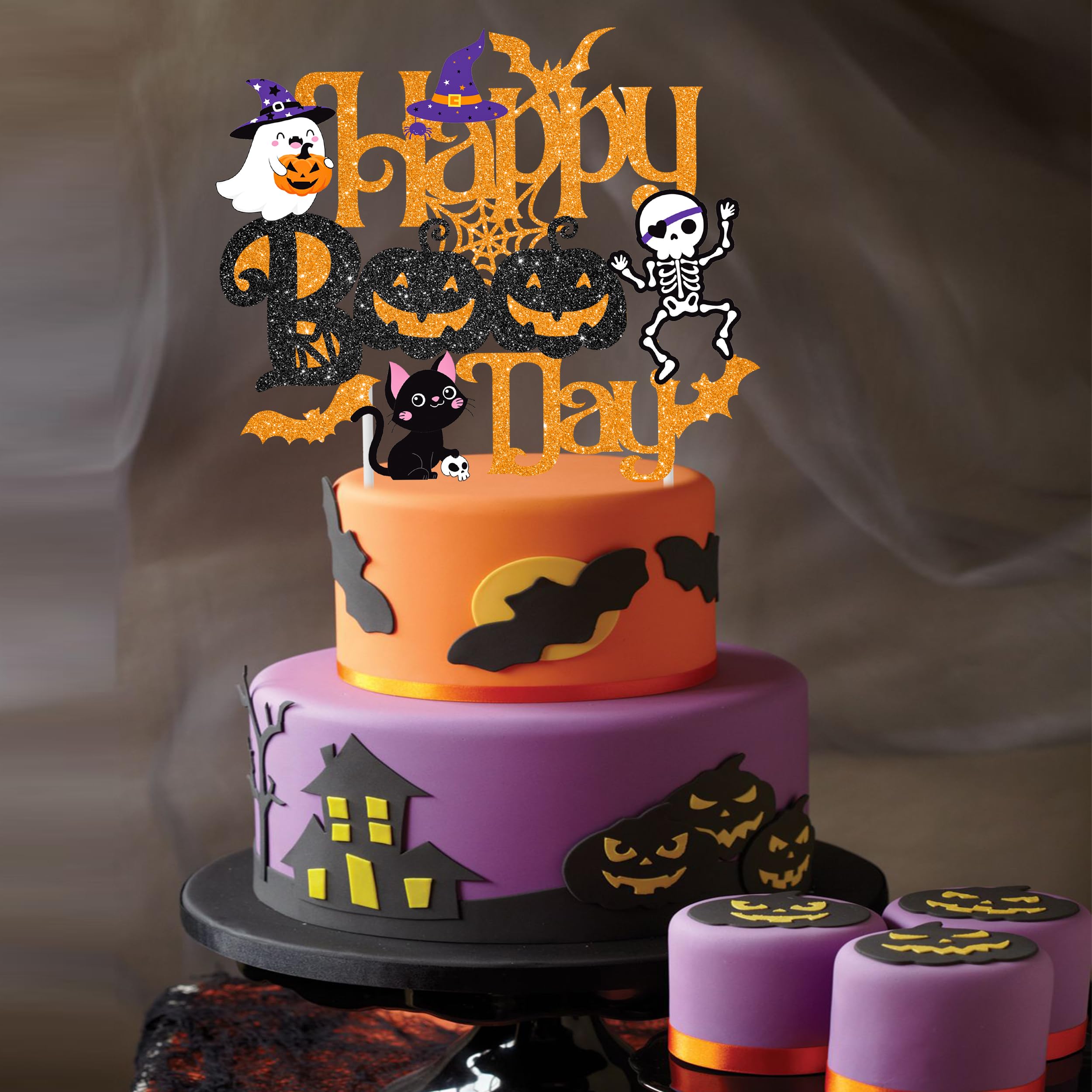 Halloween Happy Boo Day Cake Topper Black Orange Ghost Little Boo Birthday Party Decoration Halloween Theme Baby Shower Party Cake Topper for Bat Pumpkin Witch Theme Birthday Party Supplies