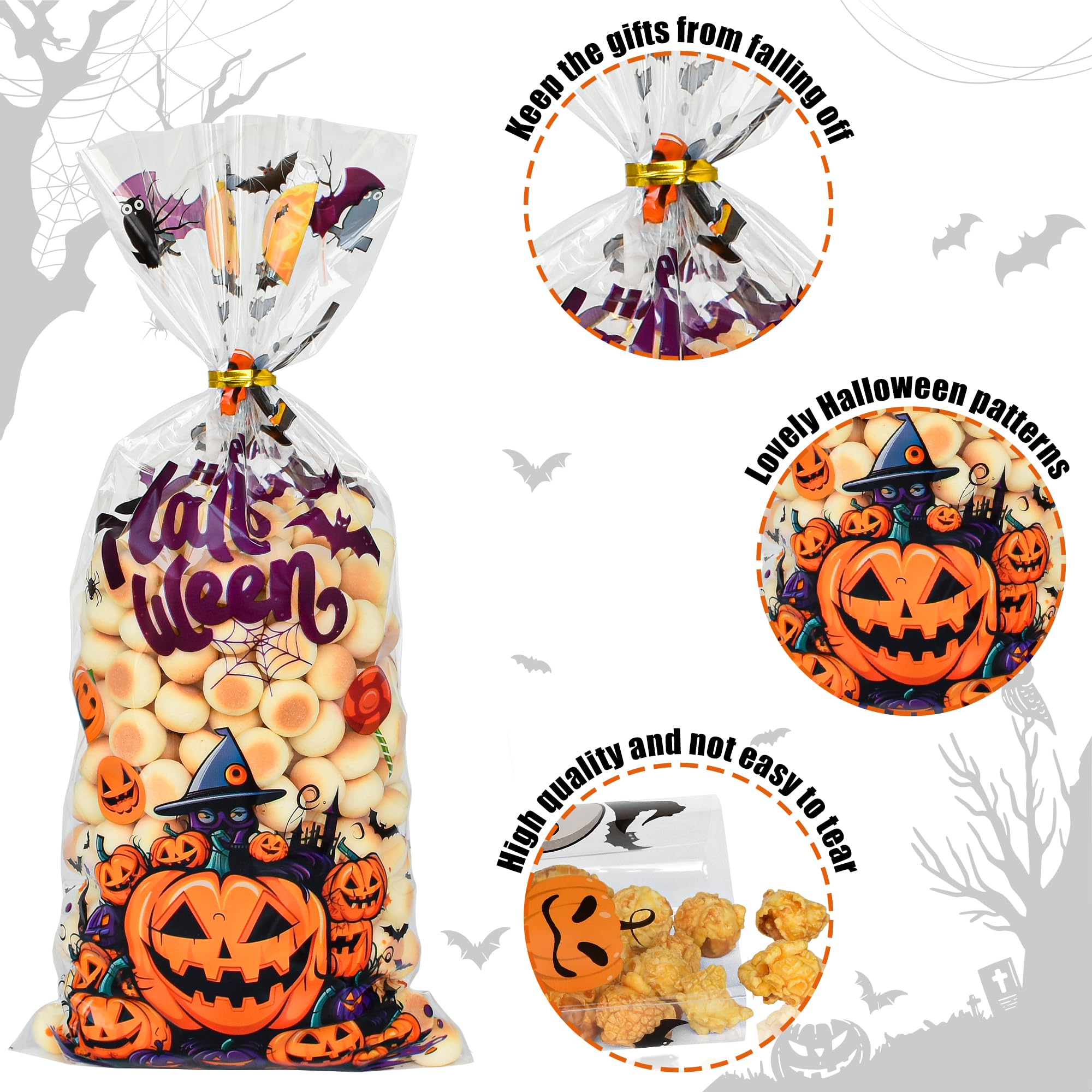 Twavang 150 Pcs Halloween Cellophane Treat Bags, Halloween Trick or Treat Goodie Bags with 170 Pcs Twists for Snacks Cookies Packing (10.8 x 4.9 inches)