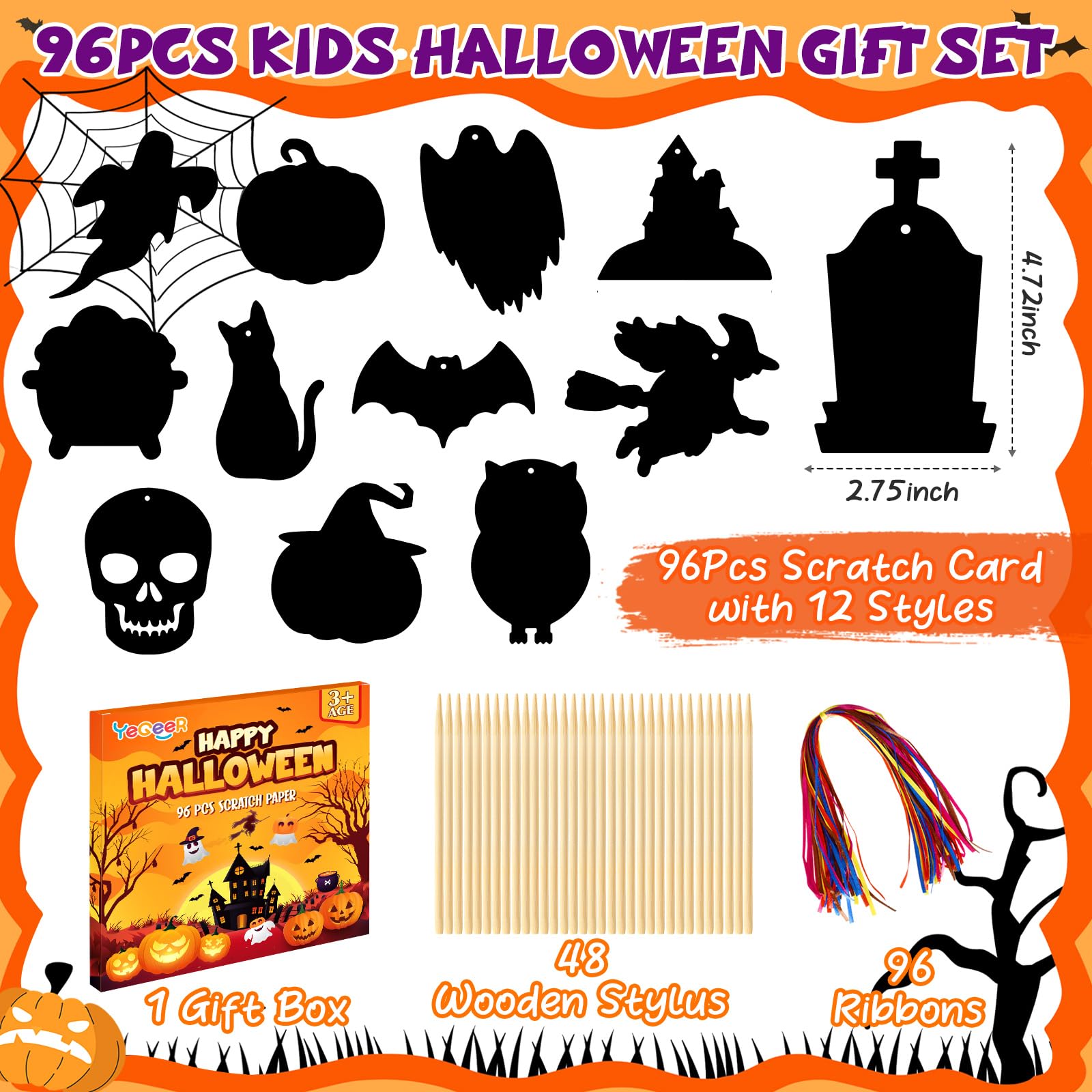 YEGEER 96PCS Halloween Craft Kit for Kids, Magic Scratch Off Paper Hanging Halloween Ornaments Set with 48pcs Wooden Stylus 96pcs Cords for Halloween Games, Halloween Party Favors, Art Craft Supplies