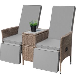 Greesum Patio Recliner All-Weather Wicker Outdoor Loveseat Lounge Chairs with Built-in Storage Table for Balcony, Porch, Lawn, Gray