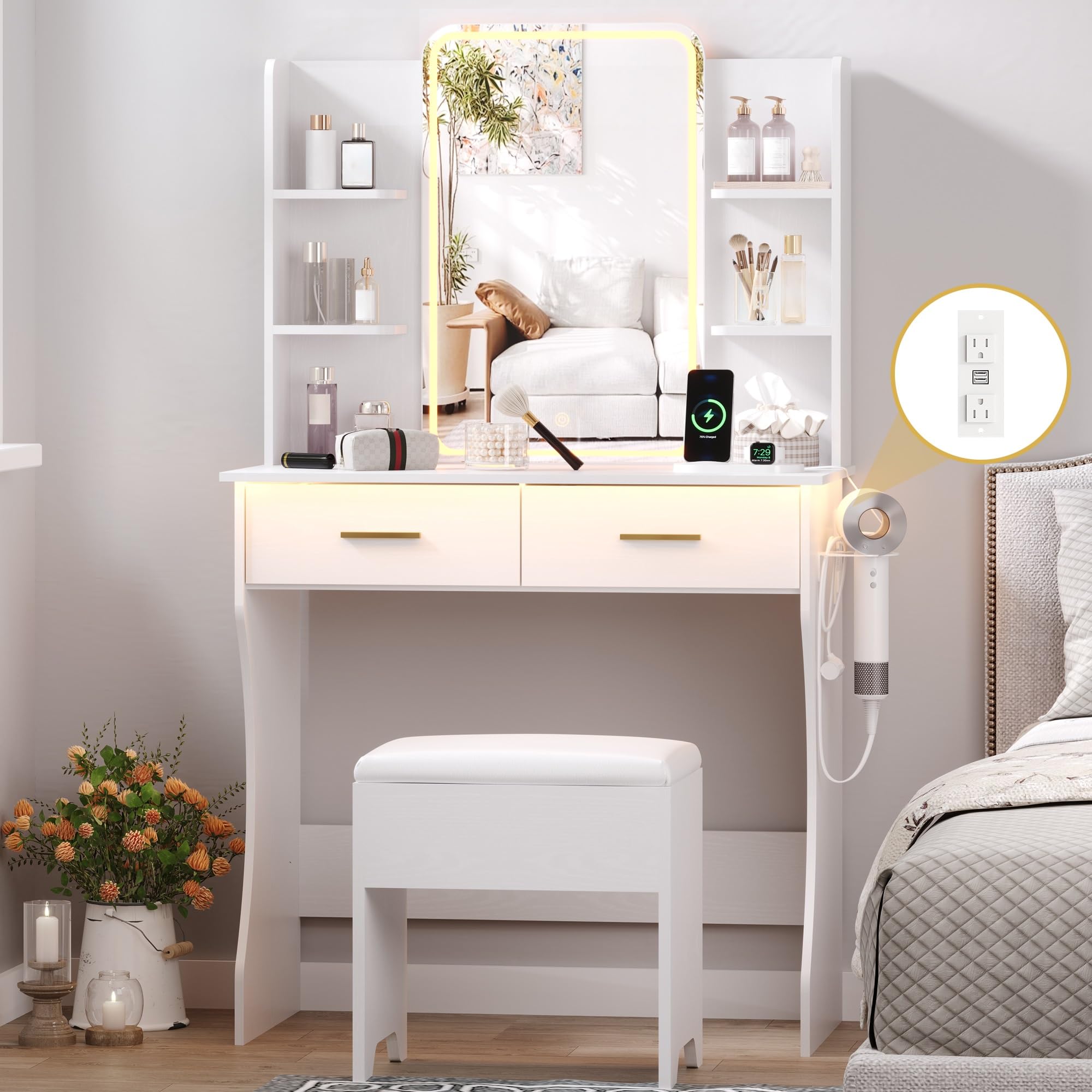 Small Vanity Desk with Mirror and Lights, Makeup Vanity Mirror with Lights Desk and Chair & 6 Shelves Compact White Vanity Mirror with RGB LED Lights 3 Lighting Adjustable Dressing Table for Women