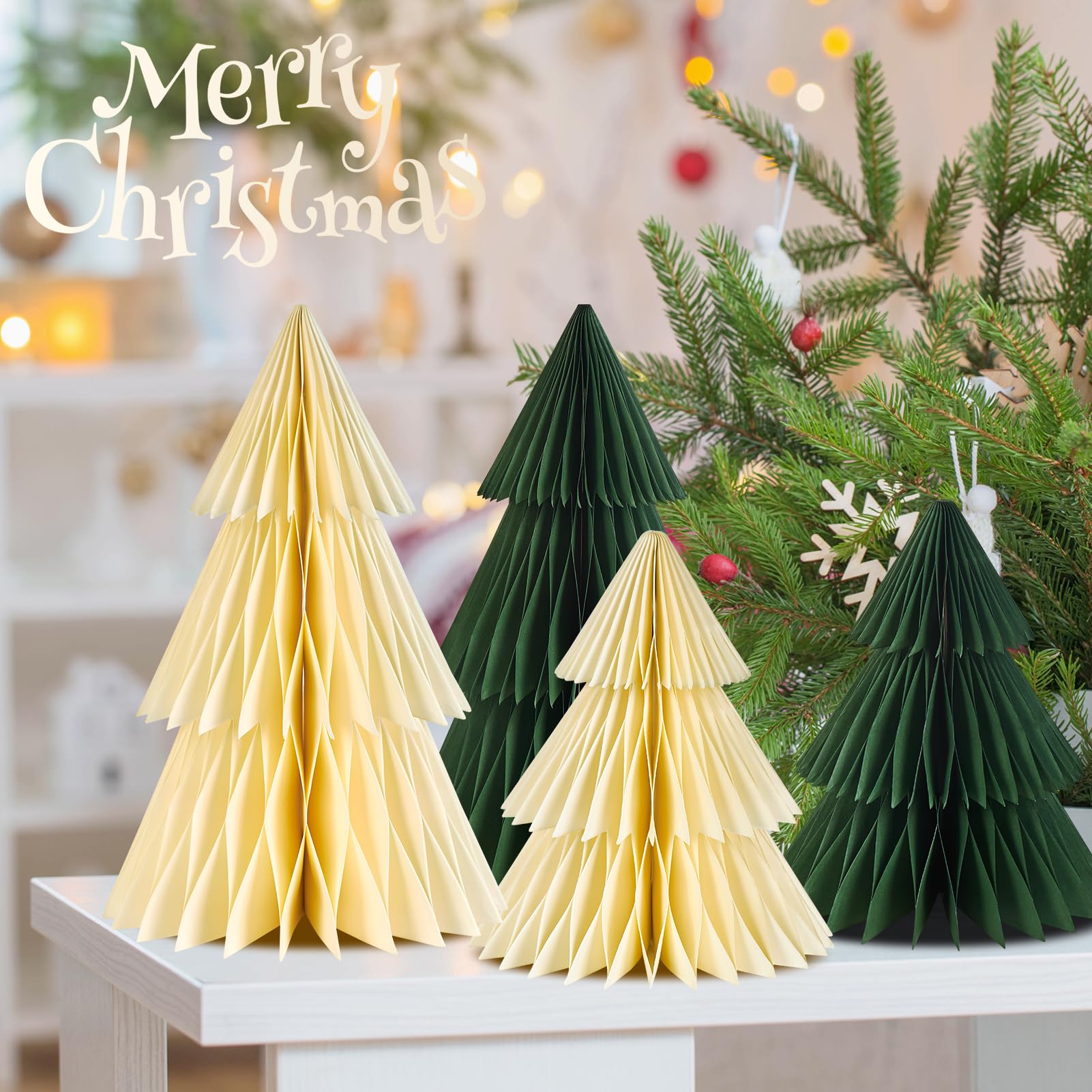 Homarkable 4 Pcs Paper Christmas Tree, Paper Christmas Ornaments, 3D Honeycomb Xmas Paper Trees, Christmas Party Decorations, Christmas Holiday, Christmas Centerpiece