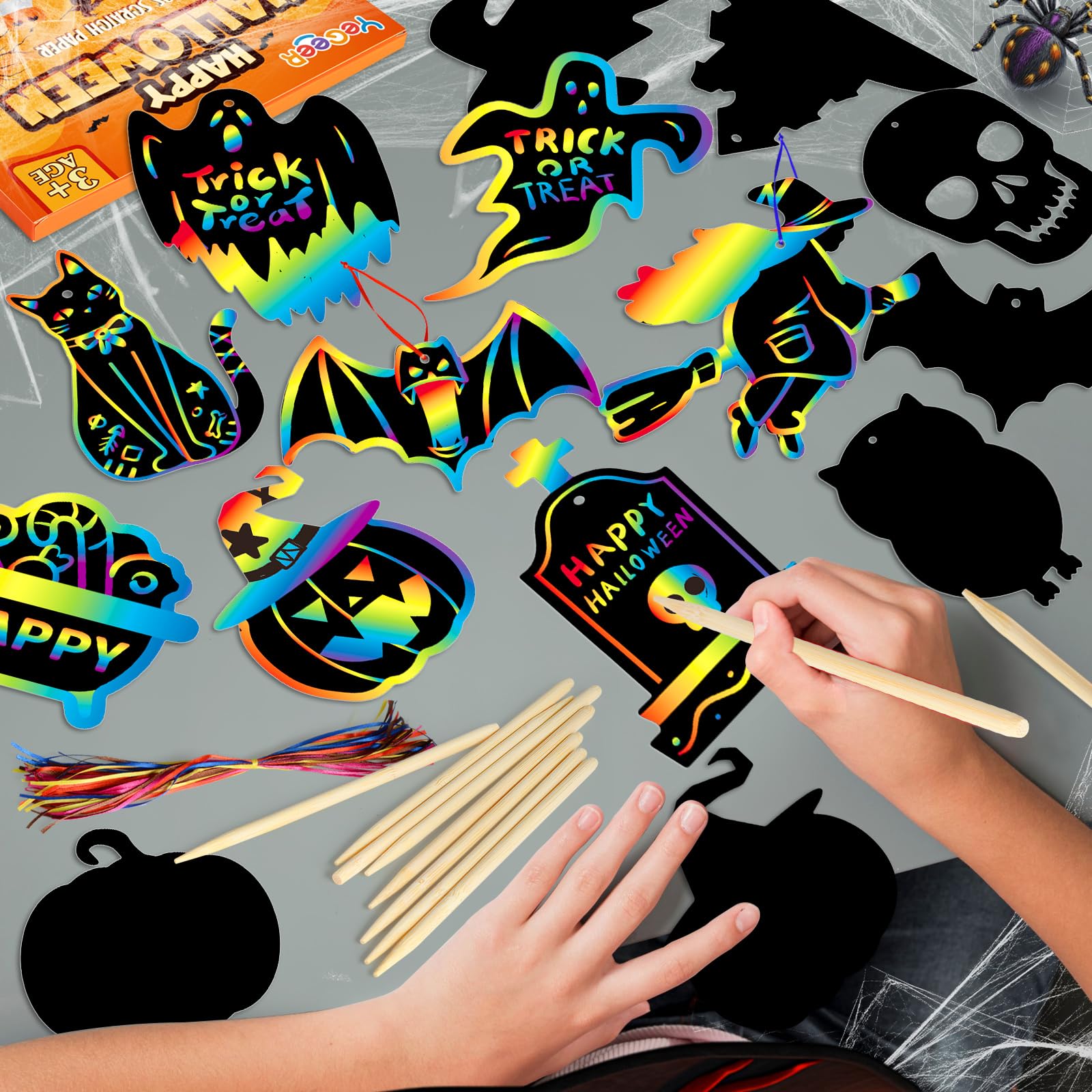 YEGEER 96PCS Halloween Craft Kit for Kids, Magic Scratch Off Paper Hanging Halloween Ornaments Set with 48pcs Wooden Stylus 96pcs Cords for Halloween Games, Halloween Party Favors, Art Craft Supplies