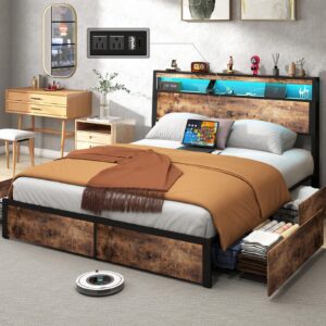 sadenicel queen bed frame with storage headboard and 4 drawers, metal platform bed frame with led light, charging station, no box spring needed, noise free, easy assembly, vintage brown