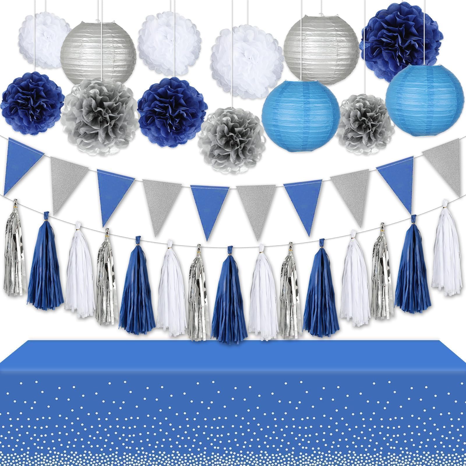 Navy Blue White Silver Graduation Party Decorations 30Pcs Birthday Blue White Banner Paper Lanterns Tissue Pom Poms Garland Streamers Dot Tablecloth for Boy Girl Baby Bridal Shower Wedding Supplies