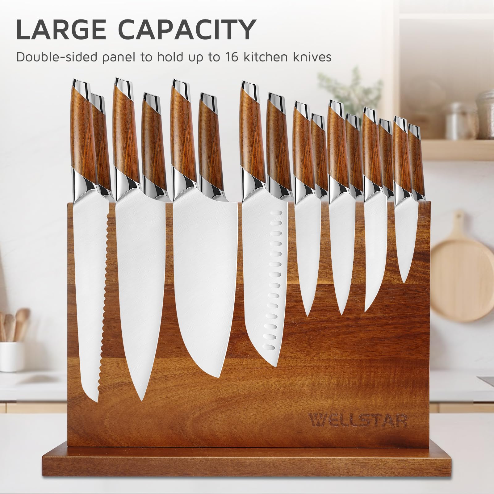 Modern Acacia Magnetic Knife Block Holder 14 x 10 Inches, Large Dual-Sided Strong Magnet Wood knives Stand, Luxurious Kitchen Counter Rack Organizer for a Stable and Stylish Cutlery Display