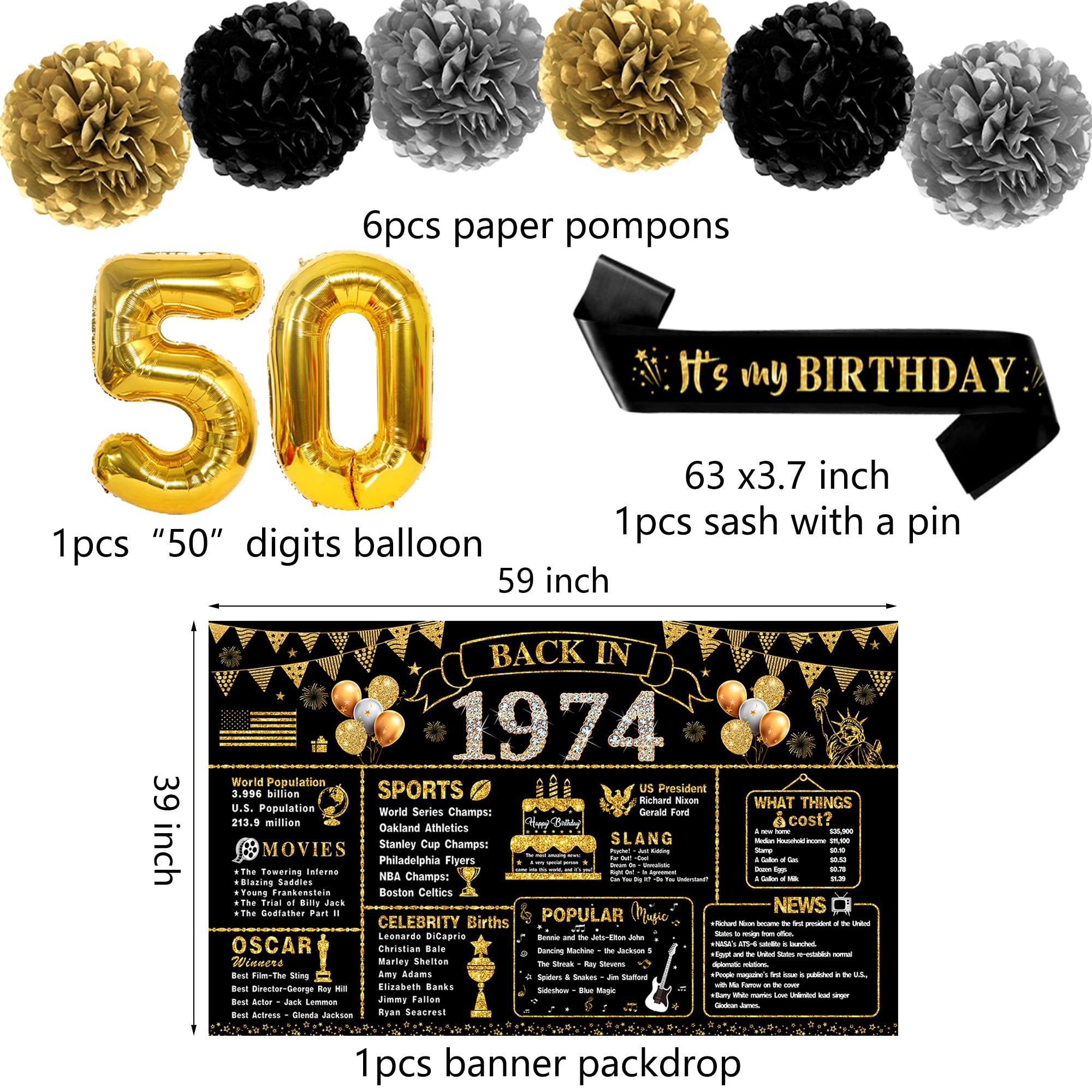 50th Birthday Decorations for Men Women, 22pcs Back in 1974 Banner Decorations，50 Years Old Birthday Backdrop, 1974 Guest Book, Balloons, Honeycomb Centerpiece, Hanging Swirl, Paper Poms, Sash