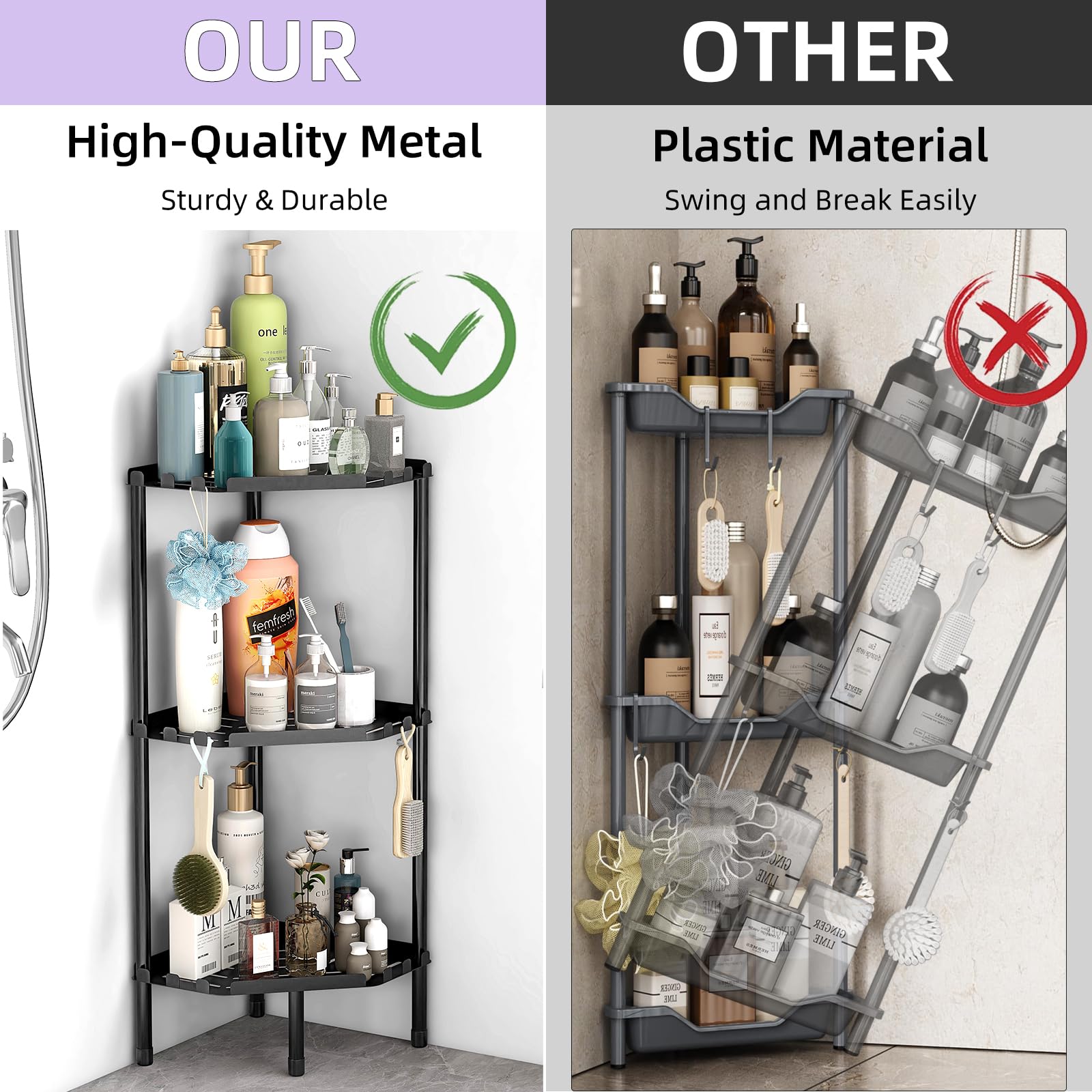 Corner Shower Caddy Standing, 3 Tier Shower Organizer Stand with 18 Hooks for Bathroom, Metal Corner Shower Shelf for Inside Shower, Bathtub, Floor Shower Shelves Rack Hang Towels, Matte Black