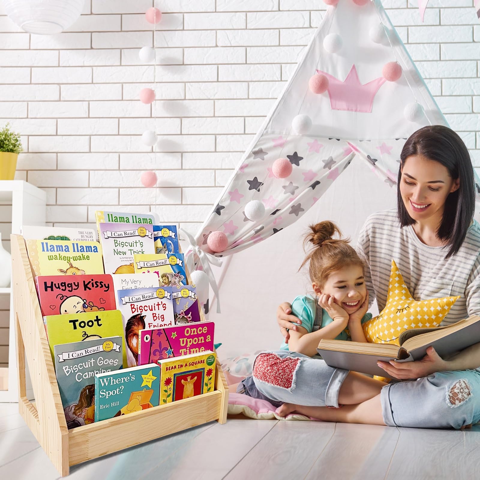 5-Tier Montessori Bookshelf - Front Facing Kids Bookshelf with Back Storage, Perfect for Toddler, Children's Room, and Reading Nook (Natural)