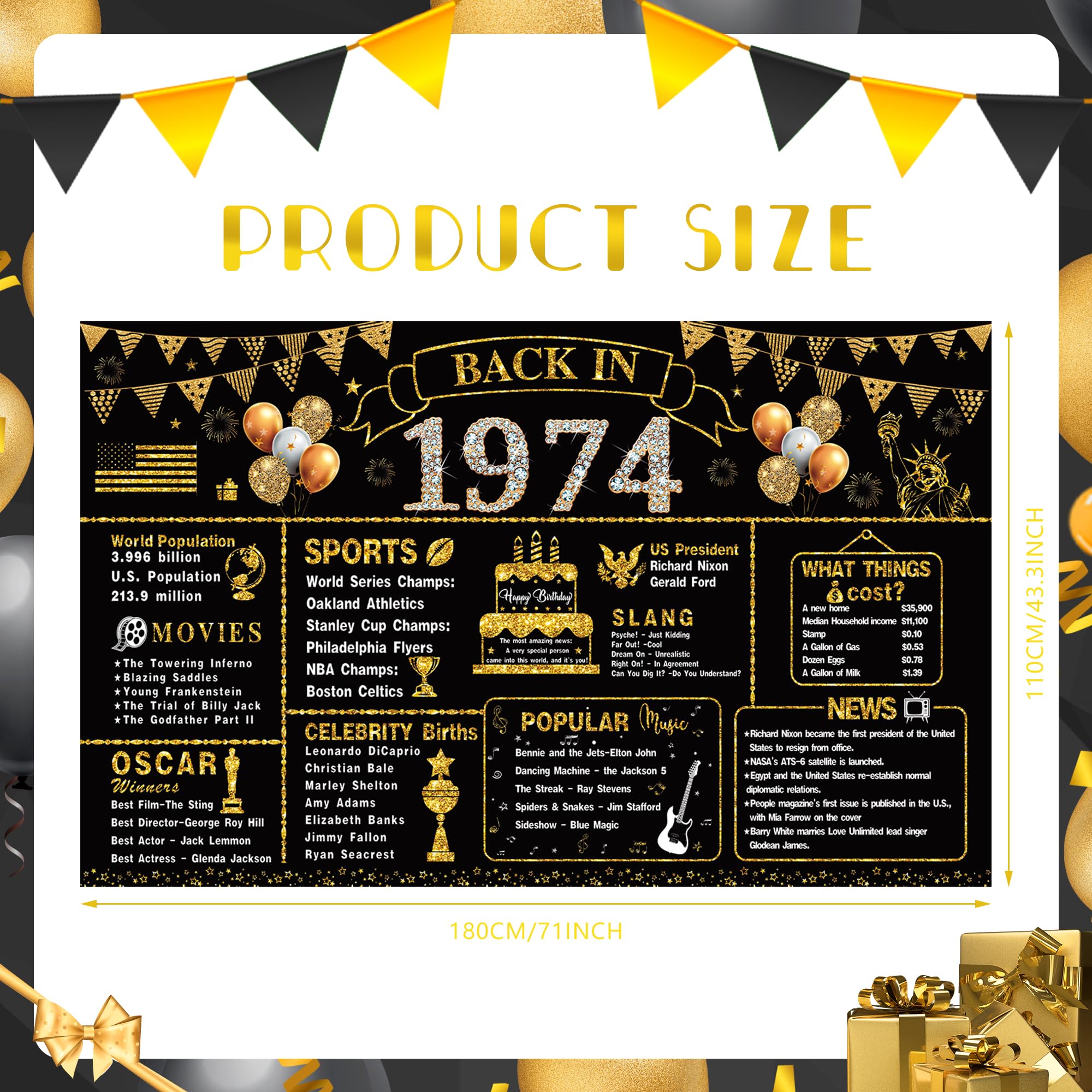 VERAT 50th Birthday Decorations for Men Women, Back in 1974 Birthday Banner, Black Gold 50 Year Old Birthday Party Poster Supplies 1974 Backdrop Photography Background