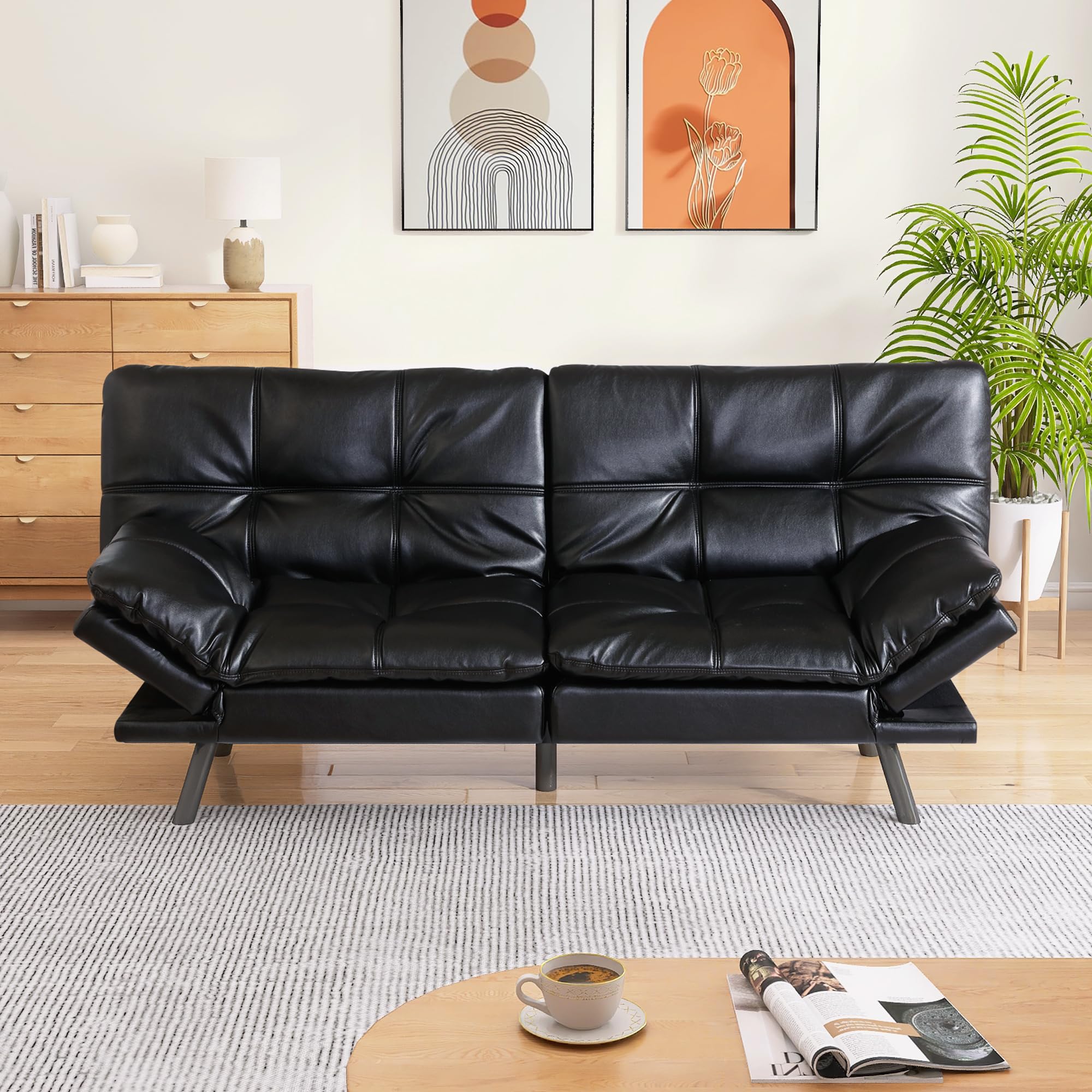 AMICLIBER Memory Foam Faux Leather Futon Sofa Bed Couch,Convertible Futon Sofa Couch,Loveseat Sleeper Sofa Bed,Small Splitback Modern Sofa Bed for Living Room,Office,Apartment,Bright Black