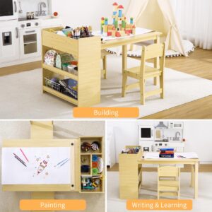 GarveeHome Kids Art Table with 2 Chairs, Toddler Craft Play Wood Activity Desk with Large Storage Shelves for Writing Drawing,Nursery, Children's Wooden Furniture for Classroom Daycares,Home