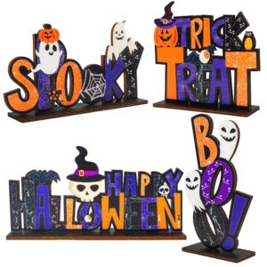 nerosun 4 pcs halloween table centerpiece decorations, pumpkin ghost wood centerpiece boo spooky signs, trick or treat table decor for halloween table party living room kitchen office bar