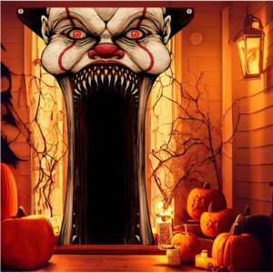 halloween clown vampire banner decorations, horror halloween large door cover decor, halloween creepy decoration door banner for hallowmas movie birthday party photo booth props flag photo backdrop