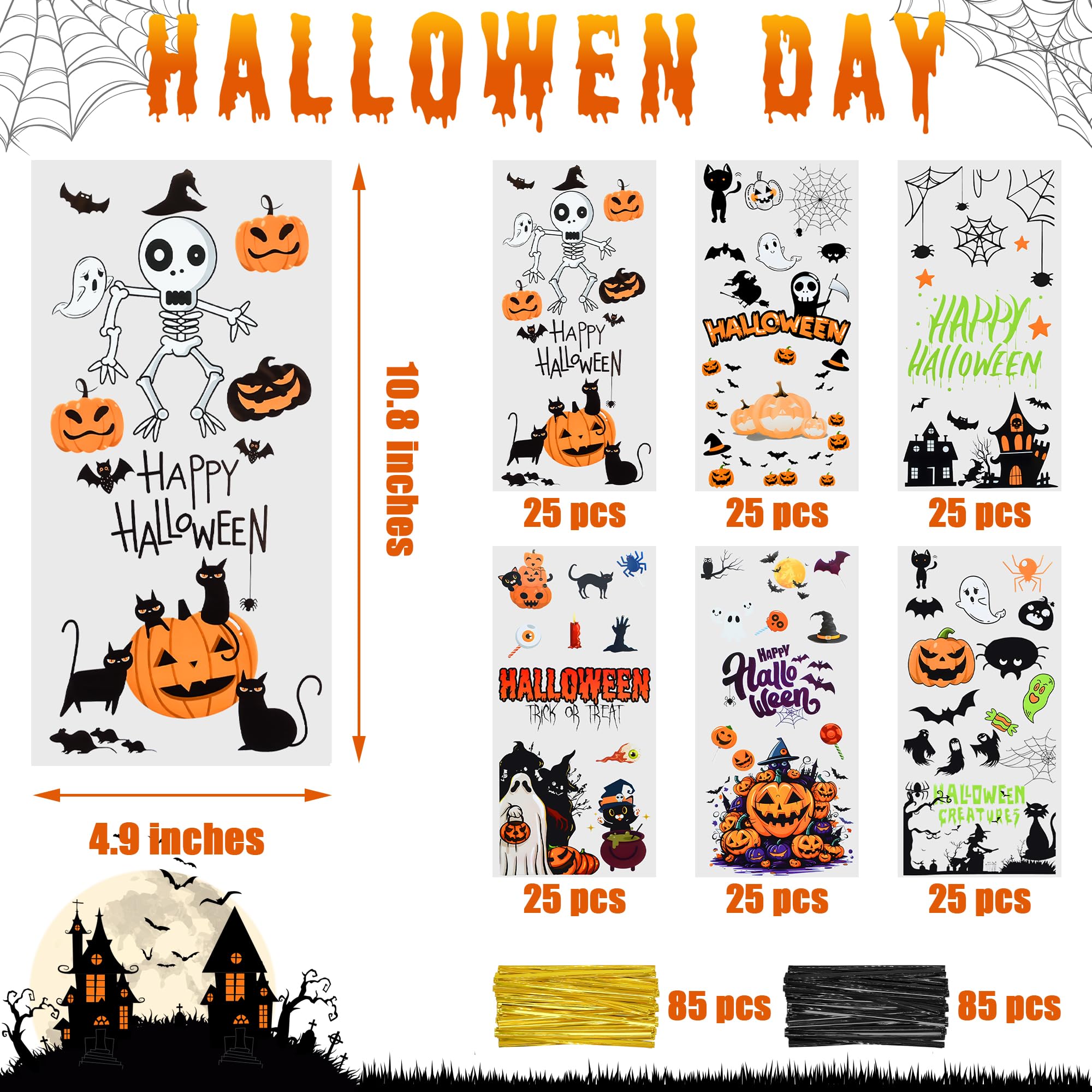 Twavang 150 Pcs Halloween Cellophane Treat Bags, Halloween Trick or Treat Goodie Bags with 170 Pcs Twists for Snacks Cookies Packing (10.8 x 4.9 inches)