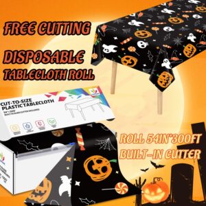 CXPSINC 54 Inch X 300 Feet Plastic Table Cover Roll Disposable Halloween Pumpkin Ghost Tablecloth with Slide Cutter for Home Decor Halloween Party Decorations