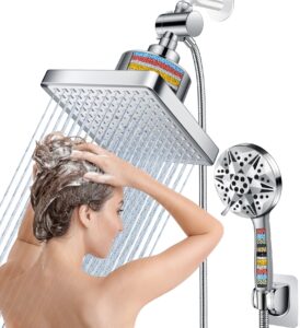 dual filtered rain shower head combo, high pressure 9 modes handheld shower head built in power spray, 6 inch rainfall shower head with filter for hard water