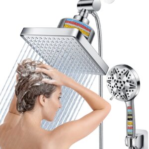 Dual Filtered Rain Shower Head Combo, High Pressure 9 Modes Handheld Shower Head Built in Power Spray, 6 inch Rainfall Shower Head with Filter for Hard Water