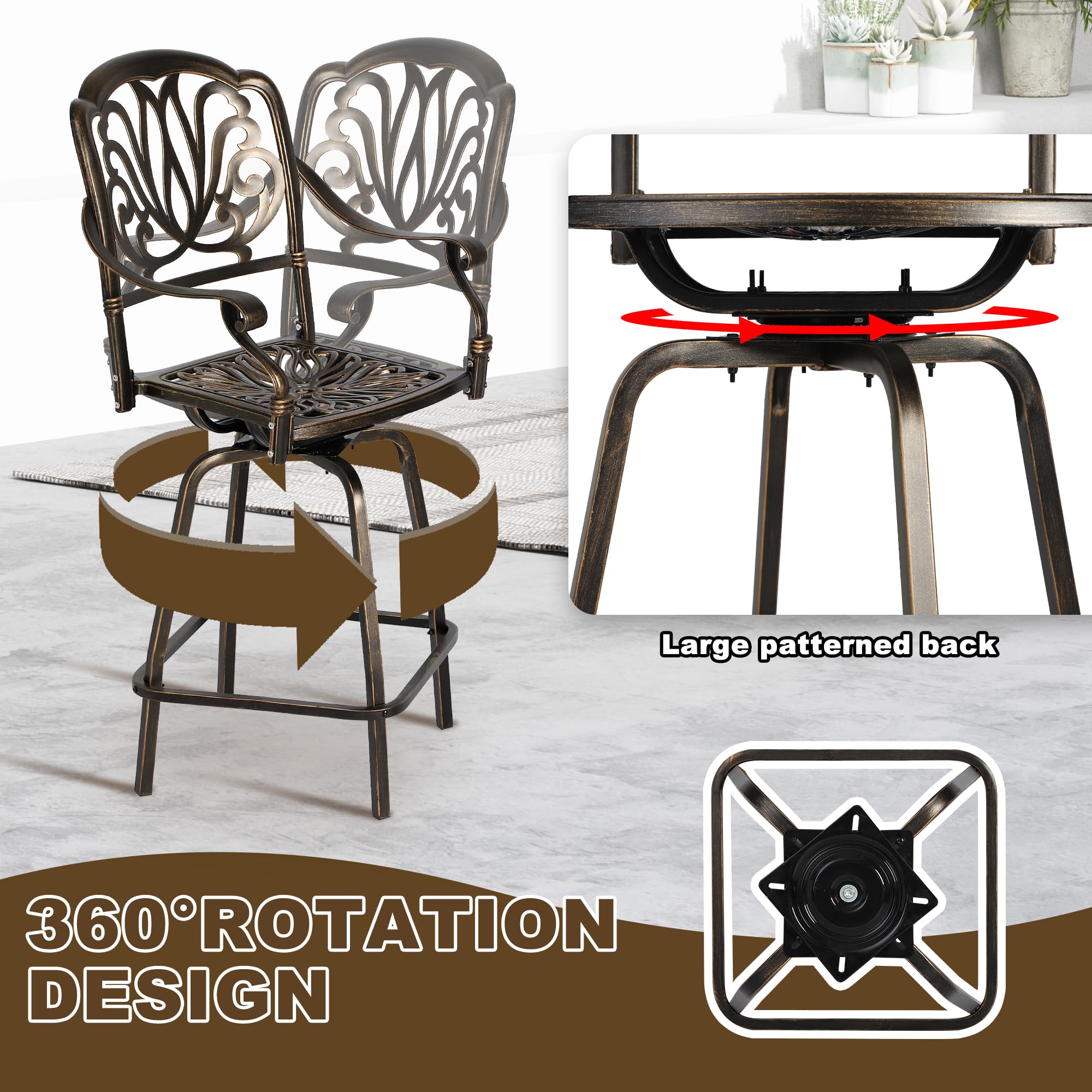 Grepatio Outdoor Cast Aluminum Swivel Bar Stools Set of 2, Patio Height Bartools Chairs, 2 Piece Patio High Dining Bistro Chairs for Garden Backyard with Cushion (Khaki)