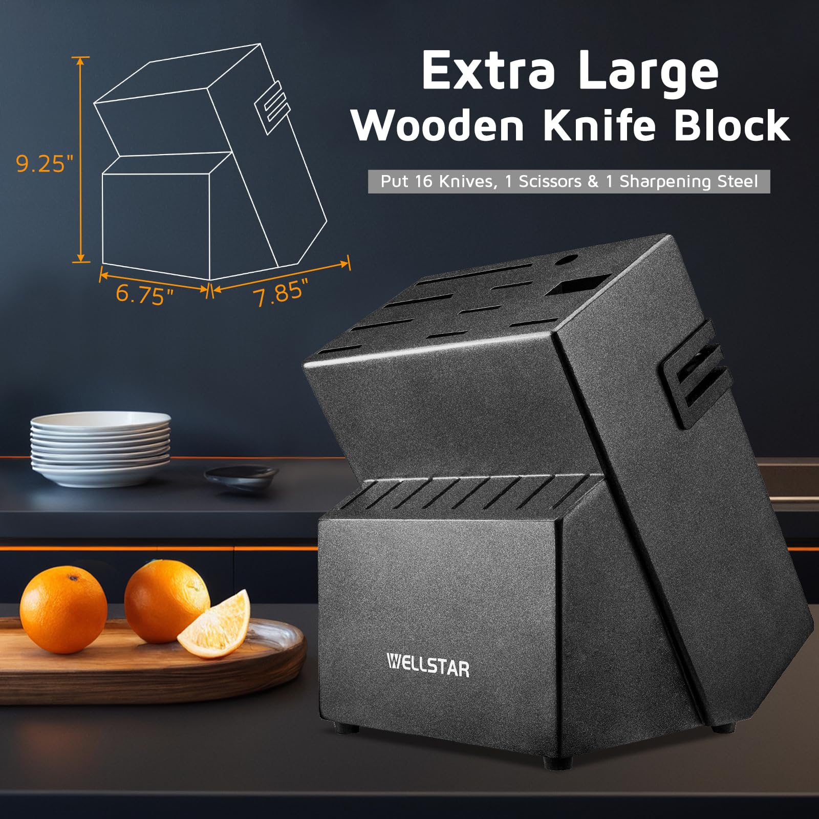 18-Slot Kitchen Knives Block, WELLSTAR Large Capacity Natural Wooden Knife Holder without Knives – Modern Hard Wood Counter-top Knife Storage with Built-in 2-Stage Knife Sharpener - Black