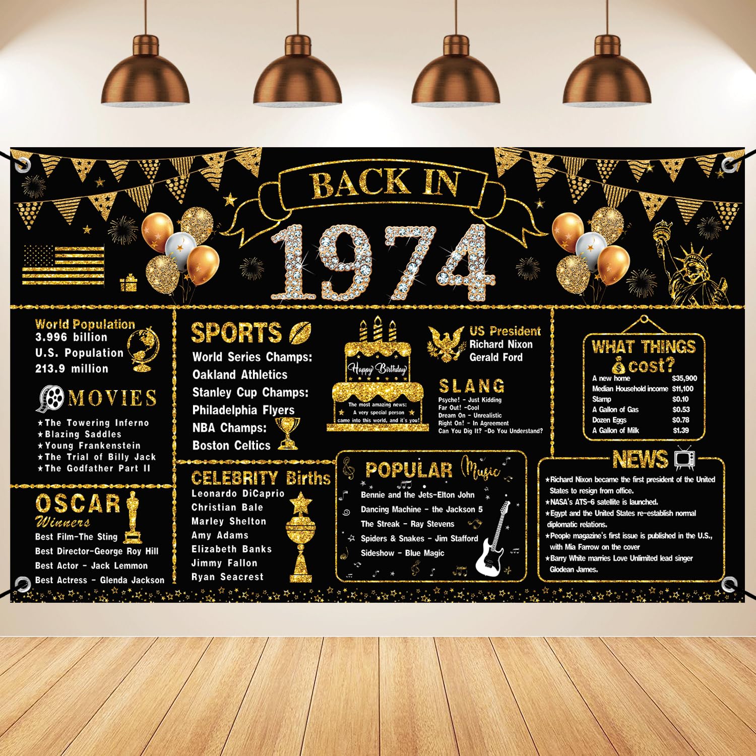 VERAT 50th Birthday Decorations for Men Women, Back in 1974 Birthday Banner, Black Gold 50 Year Old Birthday Party Poster Supplies 1974 Backdrop Photography Background