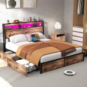 SADENICEL Queen Bed Frame with Storage Headboard and 4 Drawers, Metal Platform Bed Frame with LED Light, Charging Station, No Box Spring Needed, Noise Free, Easy Assembly, Vintage Brown