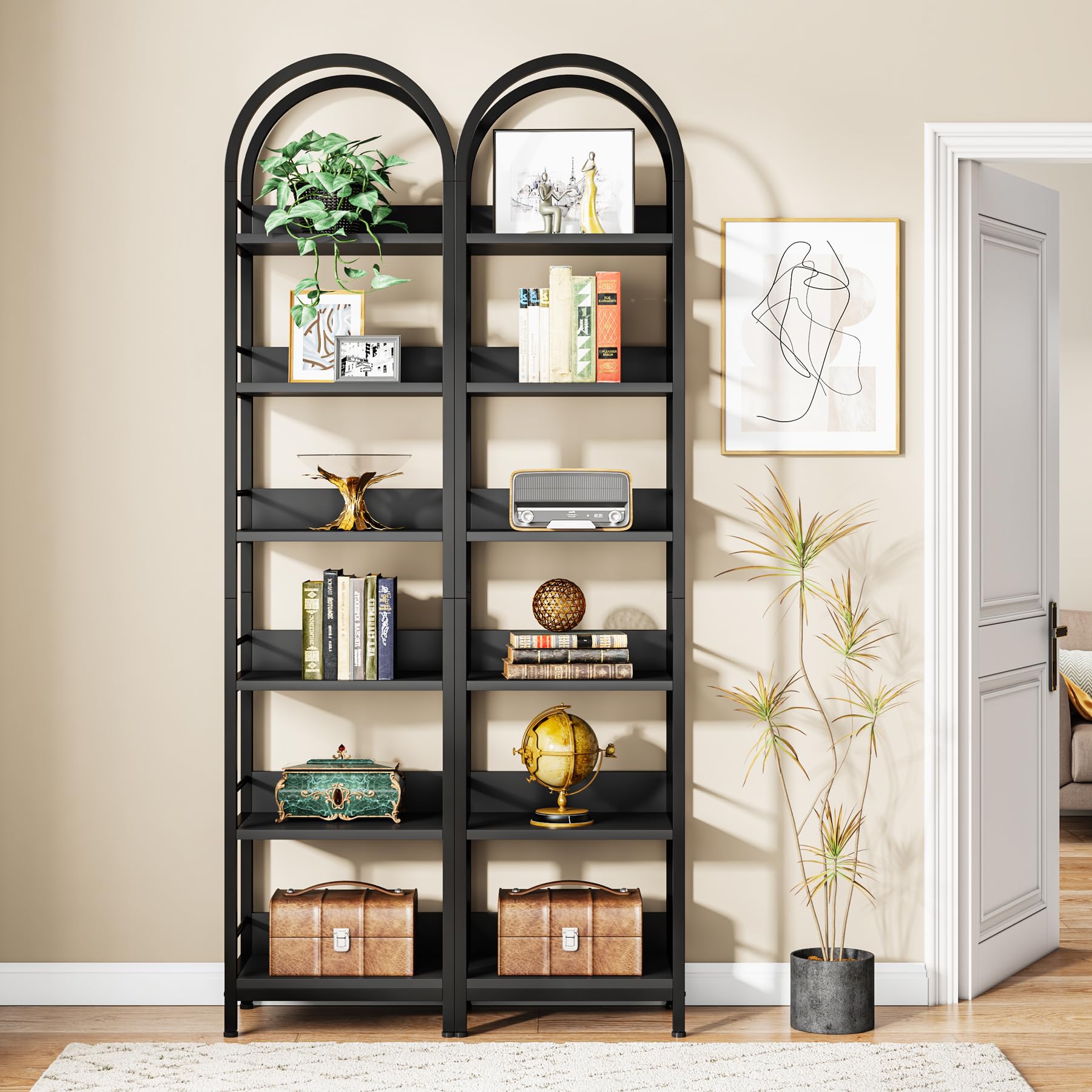 Tribesigns 78.7" Tall Bookshelf, Industrial Wood 6-Tier Bookcase, Arched Narrow Bookshelf, Ladder Shelf Storage Organizer, Display Shelf with Metal Frame for Bedroom, Living Room, Black